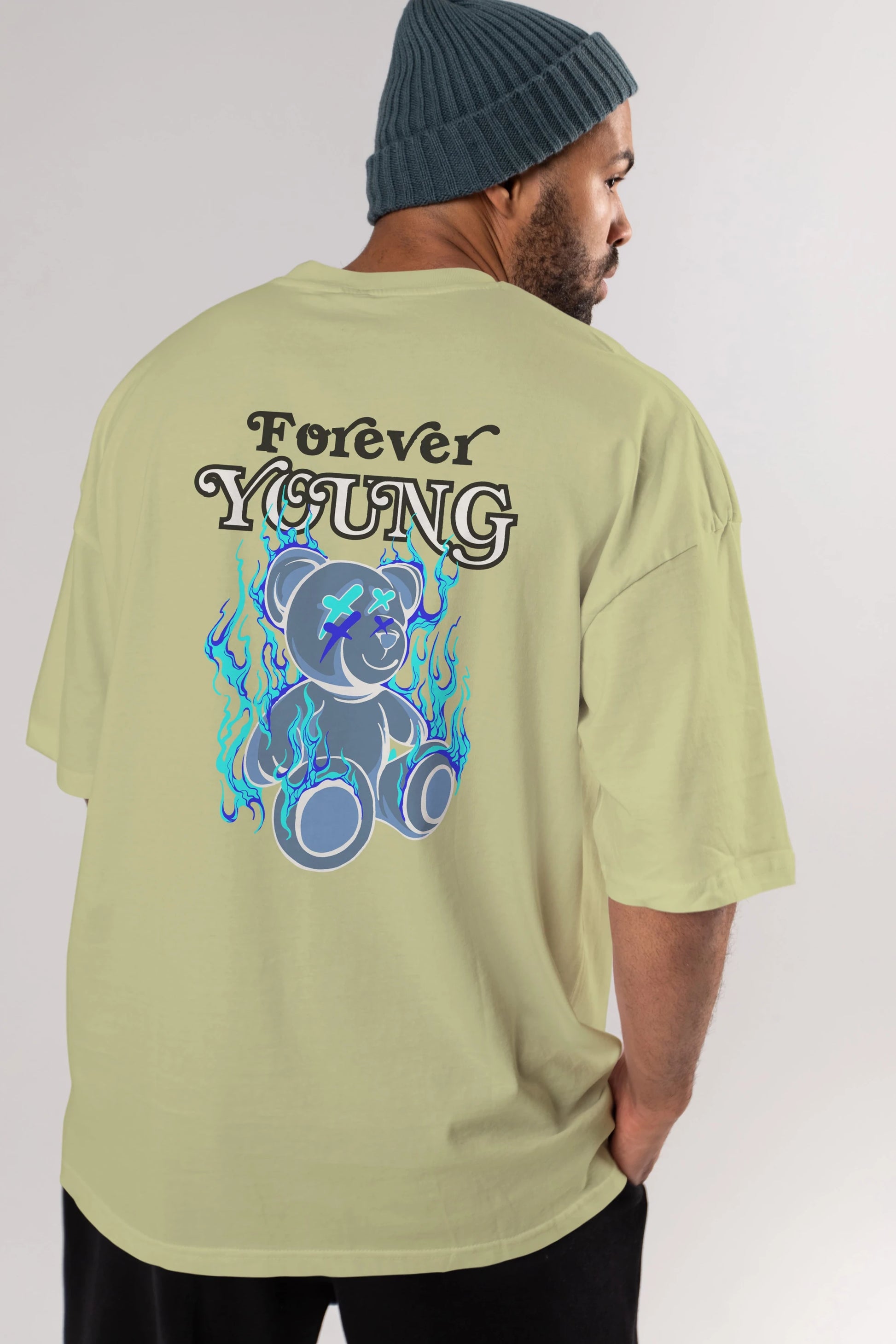 Forever Young Bear Arka Baskılı Oversize t-shirt Erkek Kadın Unisex