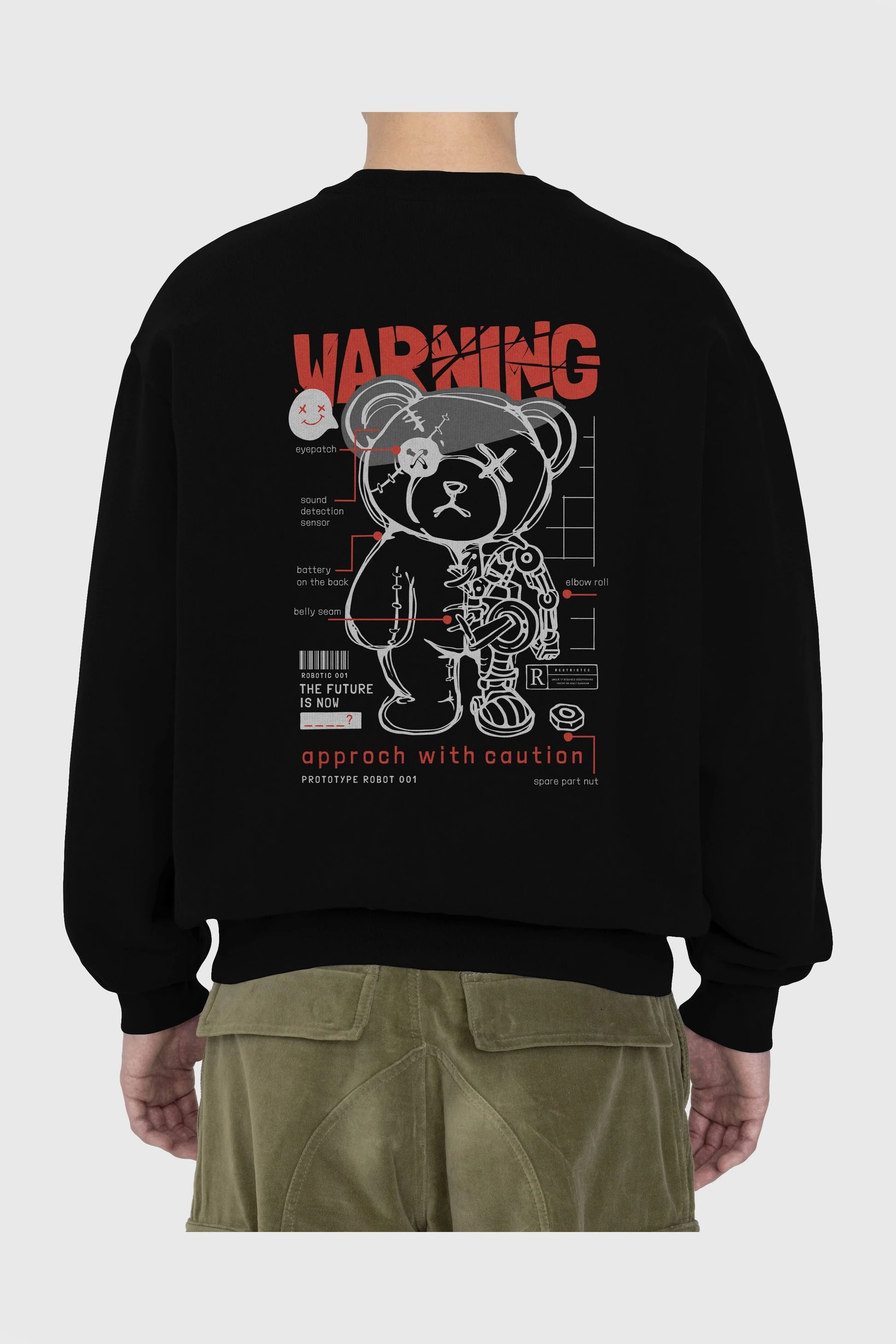 Teddy Bear Warning Arka Baskılı Oversize Sweatshirt Erkek Kadın Unisex