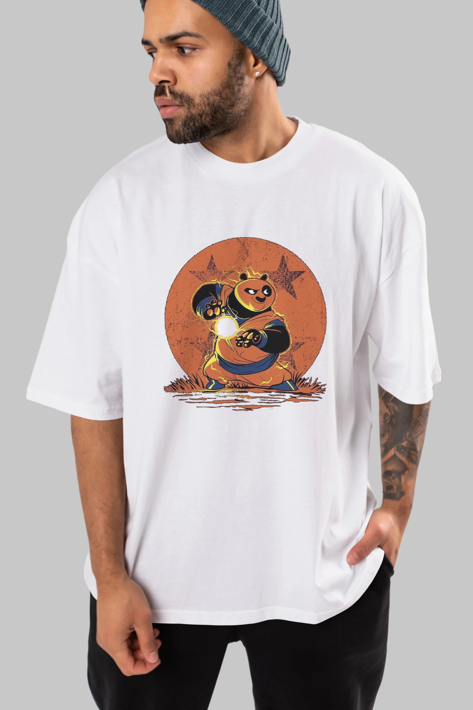 Kung Fu Panda Ön Baskılı Oversize t-shirt Erkek Kadın Unisex %100 Pamuk Bisiklet Yaka tişort