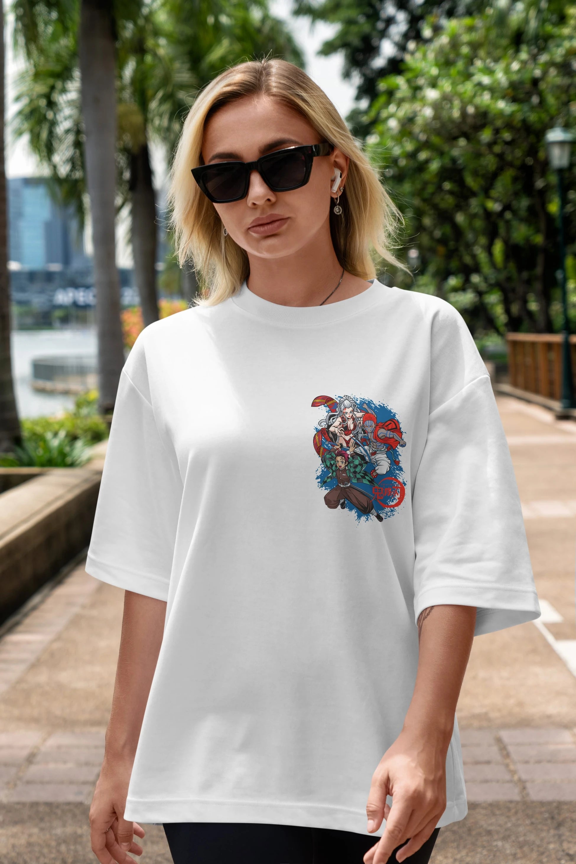TANJIRO ,AKAZA,DAKI Ön Sol Baskılı Oversize t-shirt Erkek Kadın Unisex %100 Pamuk Bisiklet Yaka tişort