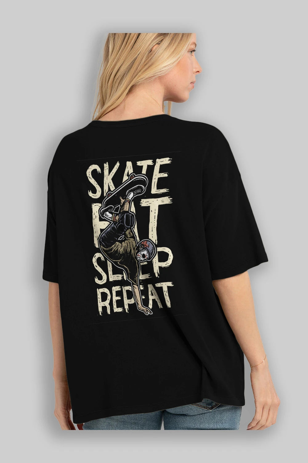 Skate Eat Sleep Repeat Arka Baskılı Oversize t-shirt Erkek Kadın Unisex %100 Pamuk