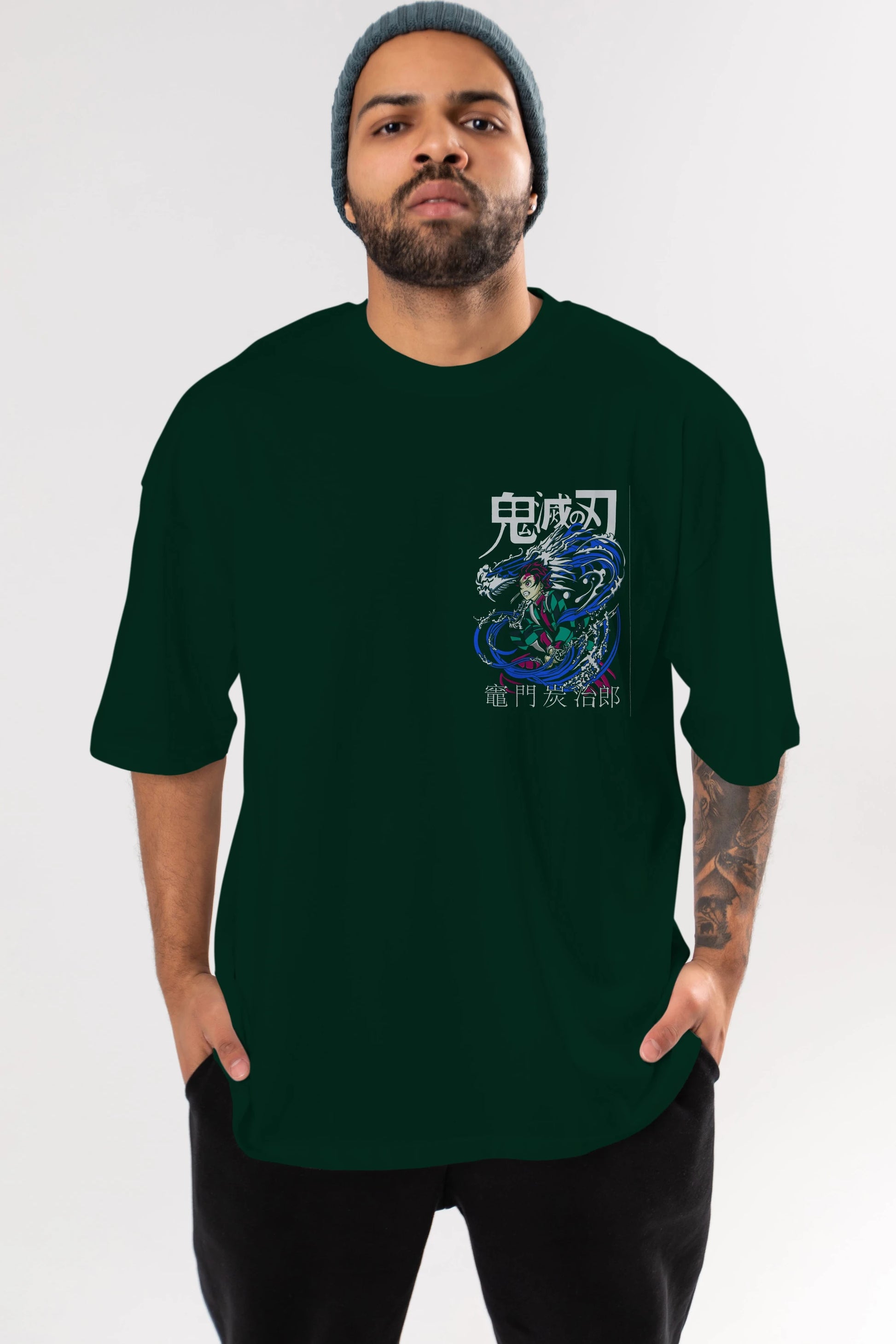 TANJIRO KAMADO 2 Ön Sol Baskılı Oversize t-shirt Erkek Kadın Unisex %100 Pamuk Bisiklet Yaka tişort