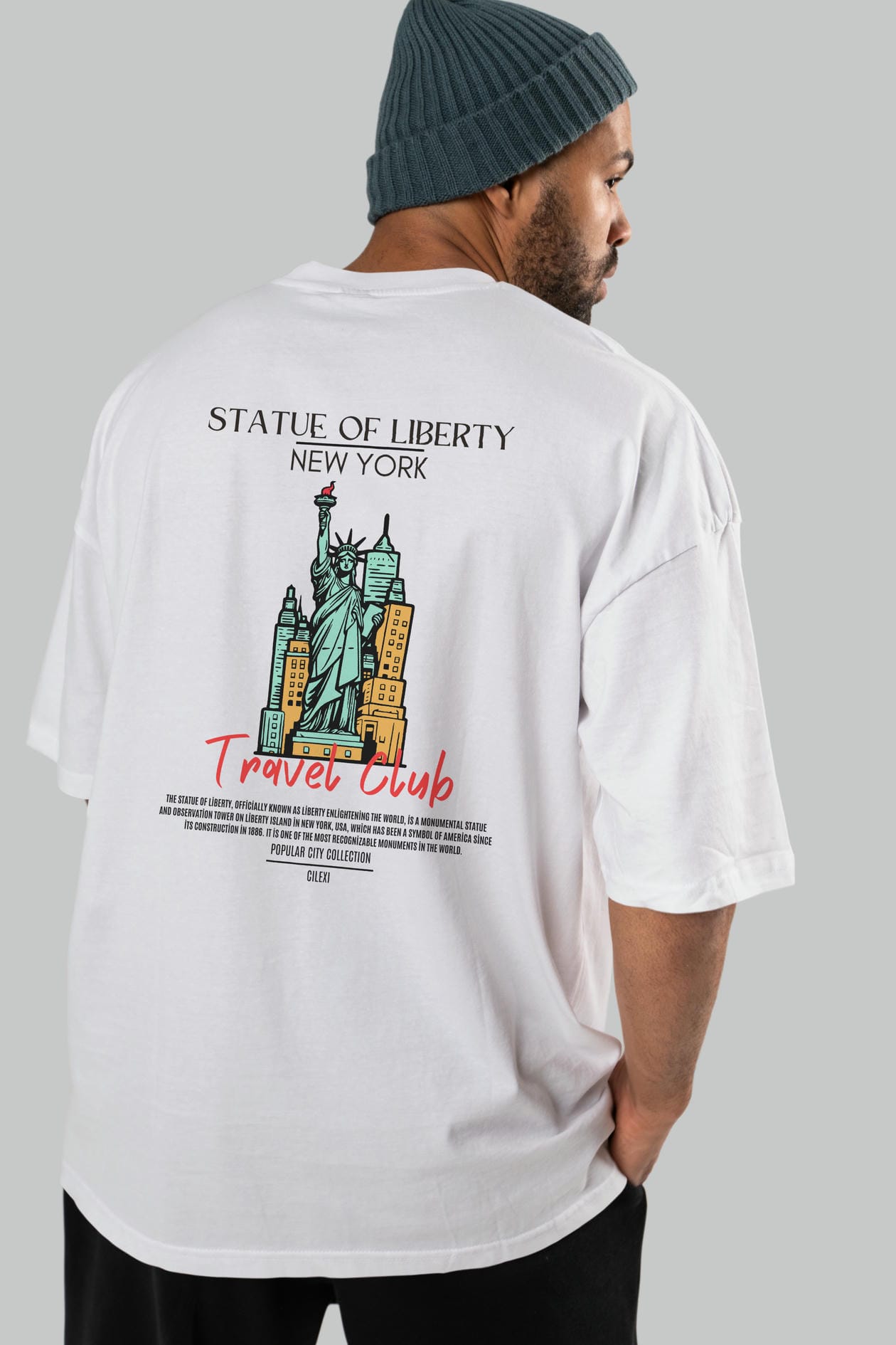 Statue Of Liberty New York Arka Baskılı Oversize t-shirt Erkek Kadın Pamuk Bisiklet Yaka tişort