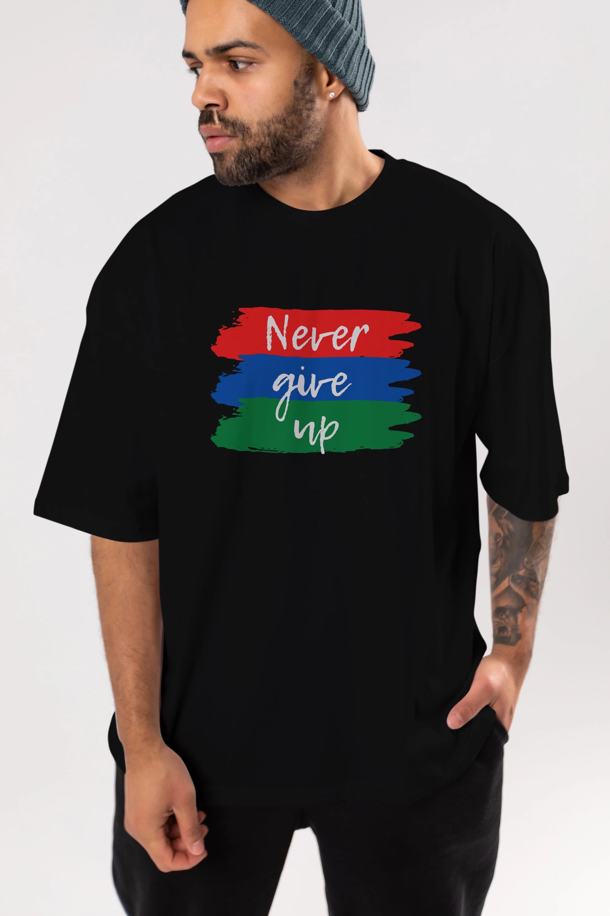 Never Give Up Yazılı Ön Baskılı Oversize t-shirt Erkek Kadın Unisex