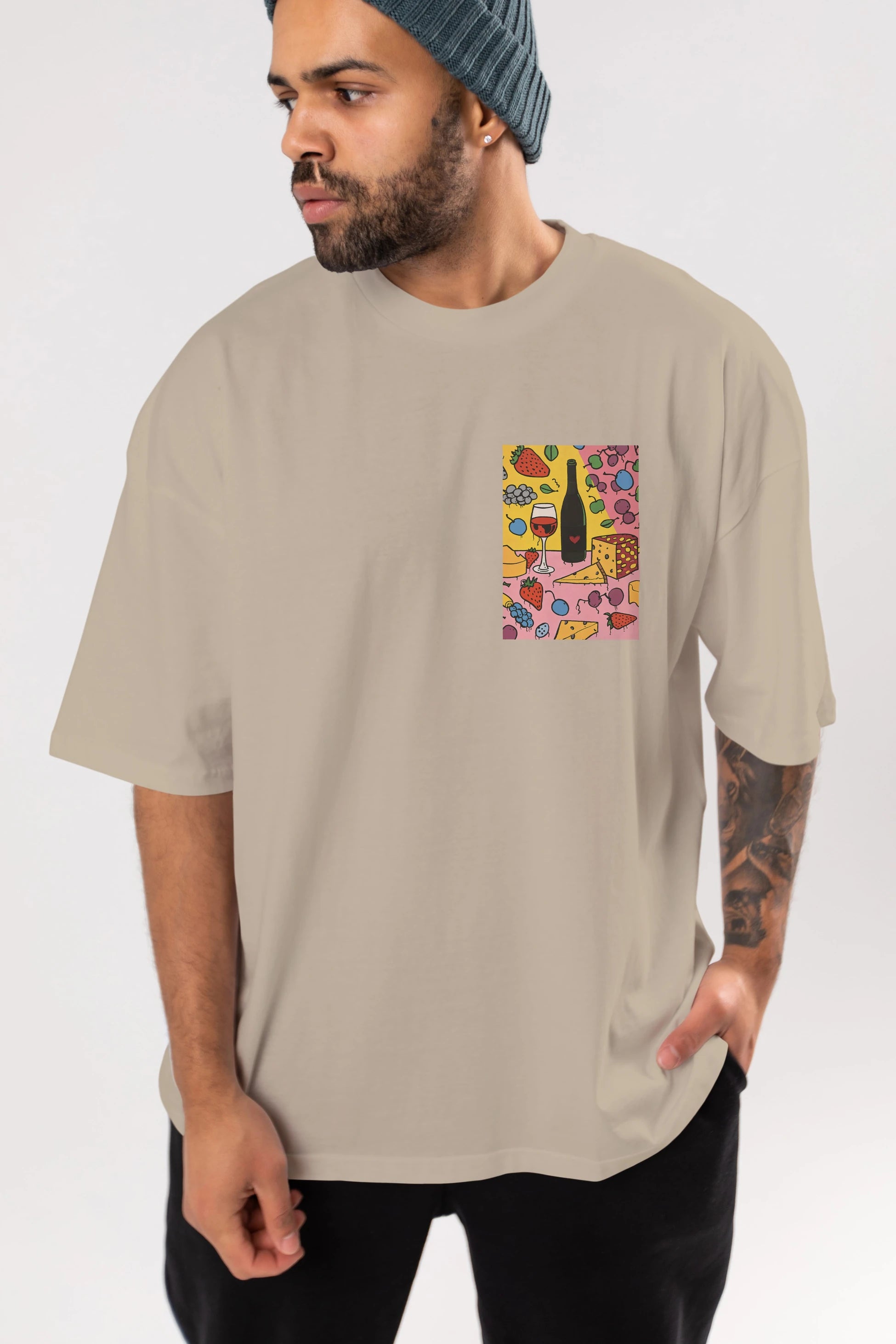 Wine Cheese Fruits Ön Sol Baskılı Oversize t-shirt Erkek Kadın Unisex %100 Pamuk Bisiklet Yaka tişort