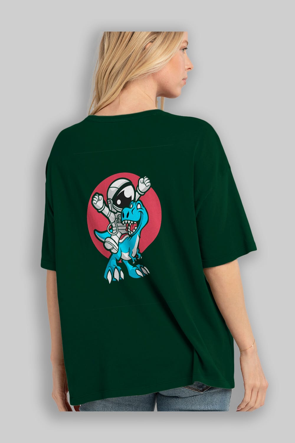 Astronaut Dino Arka Baskılı Oversize t-shirt Erkek Kadın Unisex %100 Pamuk tişort
