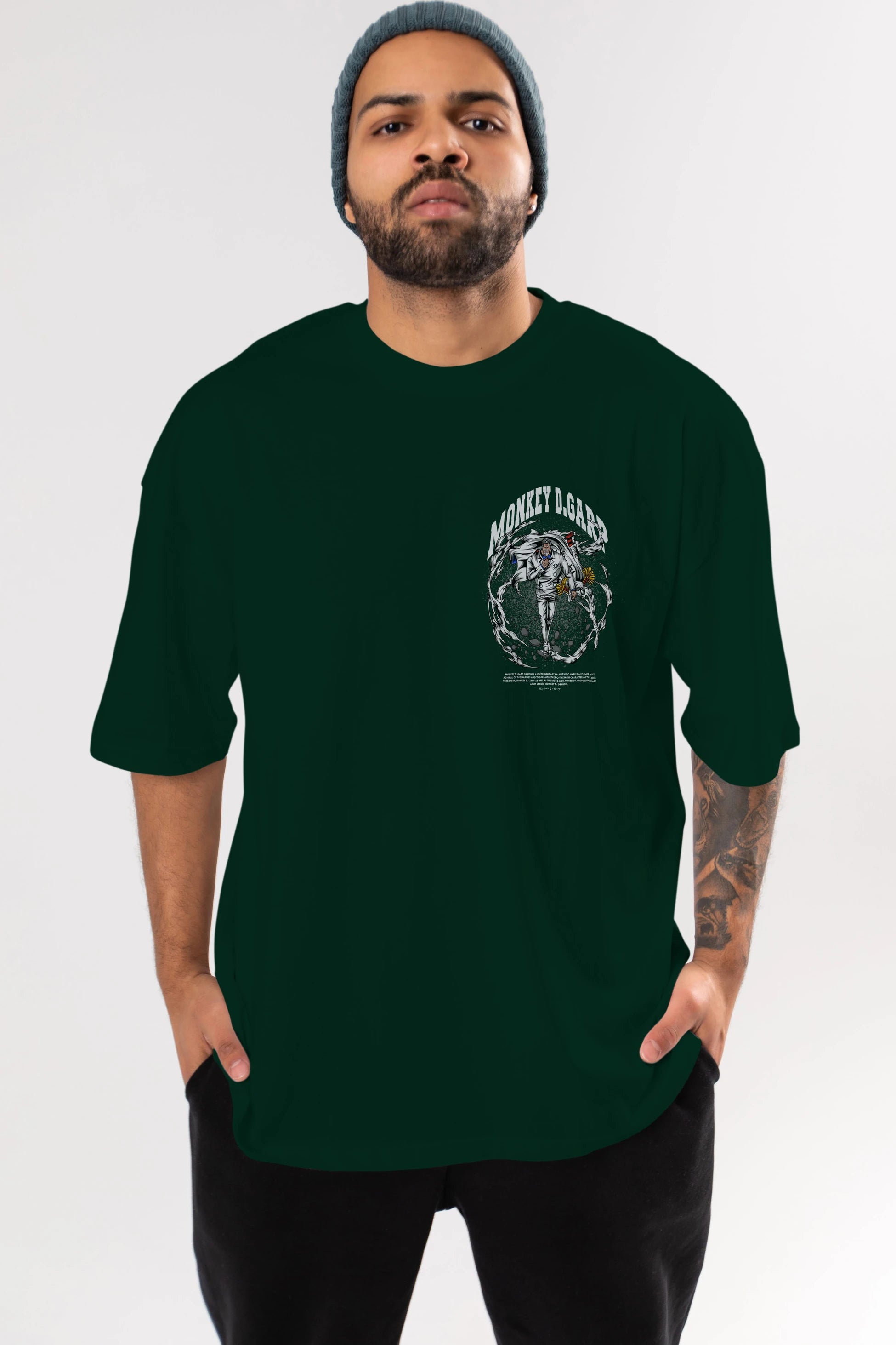 Monkey D. Garp Ön Sol Baskılı Oversize t-shirt Erkek Kadın Unisex %100 Pamuk Bisiklet Yaka tişort
