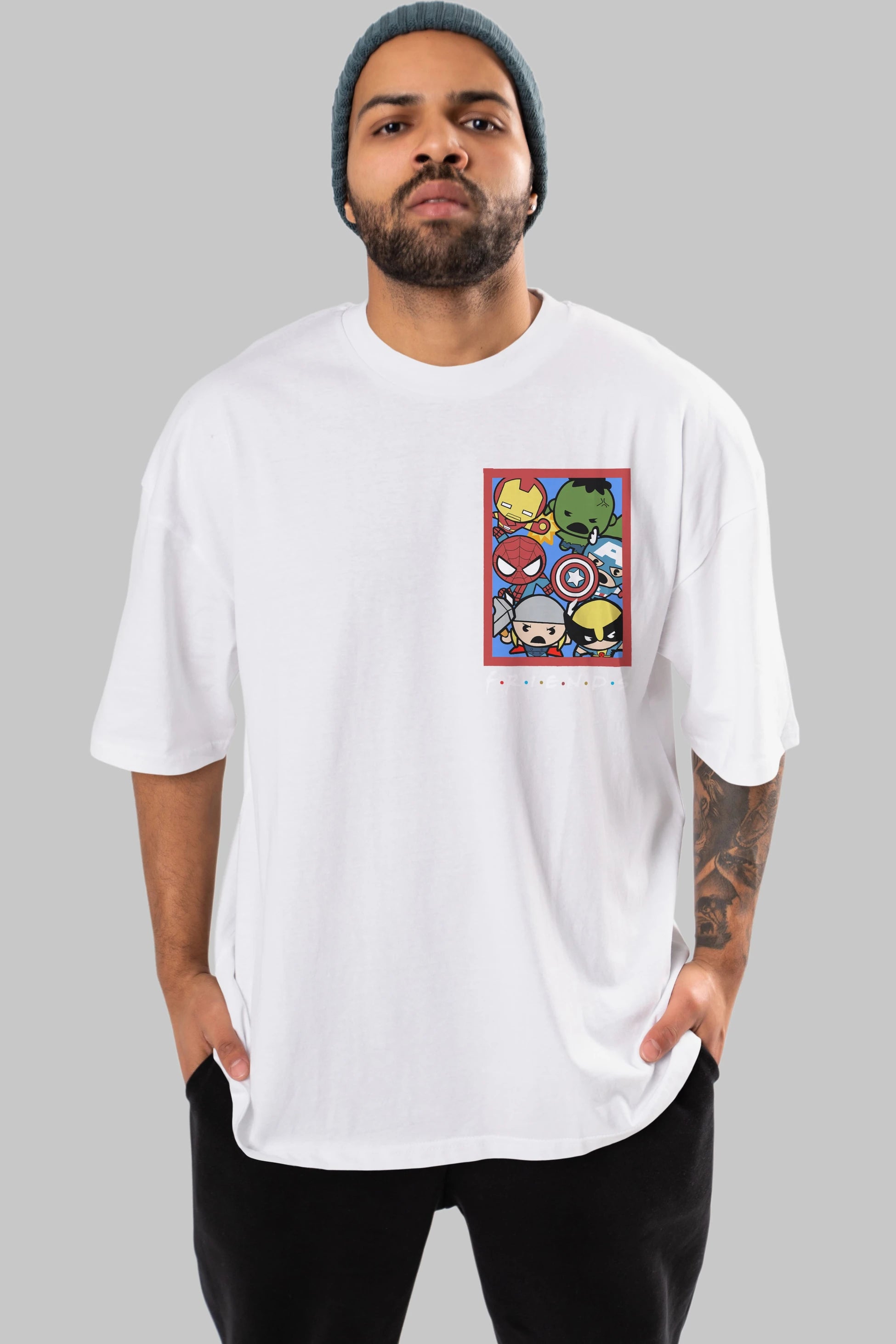 Friends Avenger Ön Sol Baskılı Oversize t-shirt Erkek Kadın Unisex %100 Pamuk Bisiklet Yaka tişort