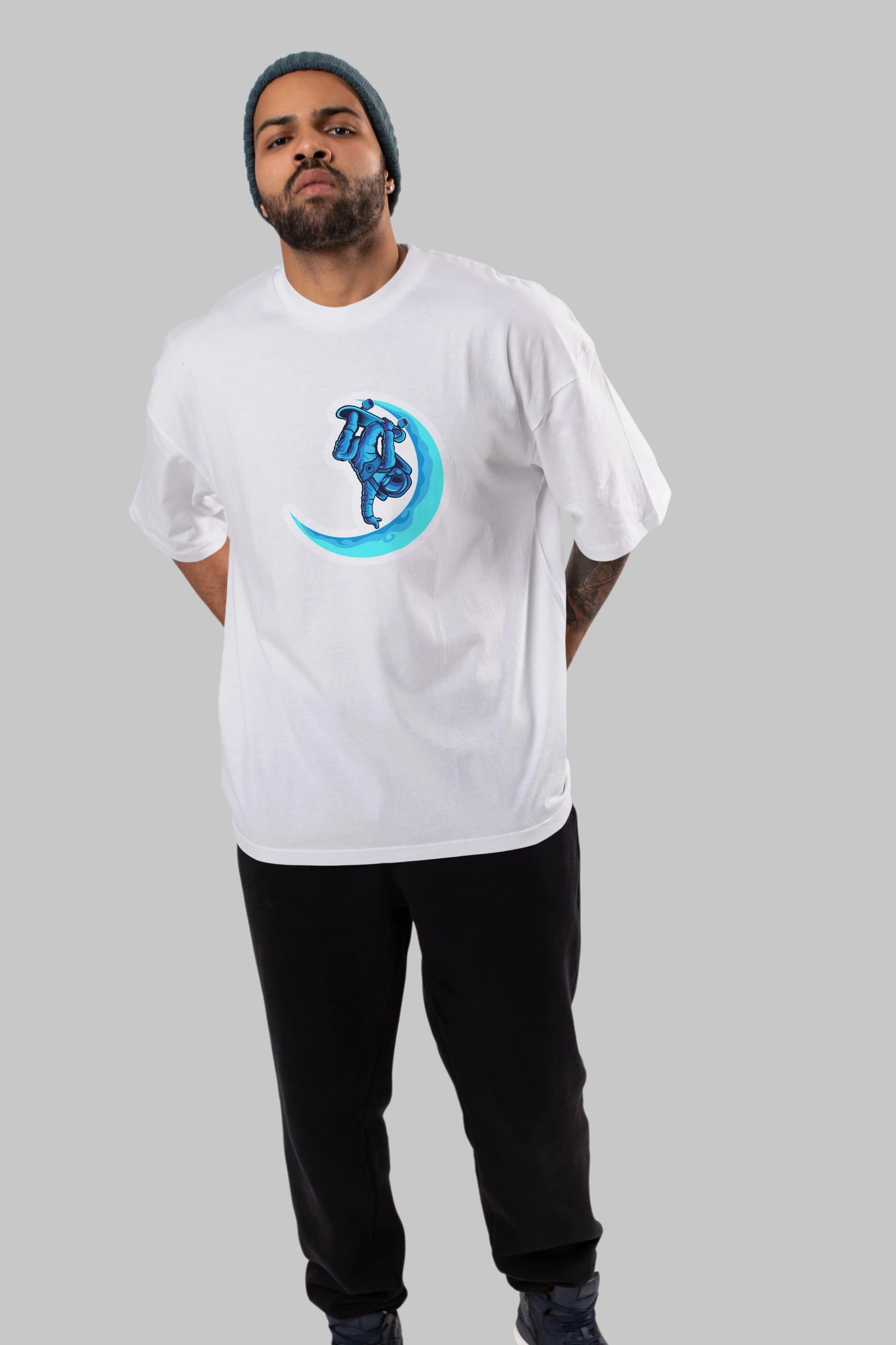 Skating on the moon sticker Ön Baskılı Oversize t-shirt Erkek Kadın Unisex