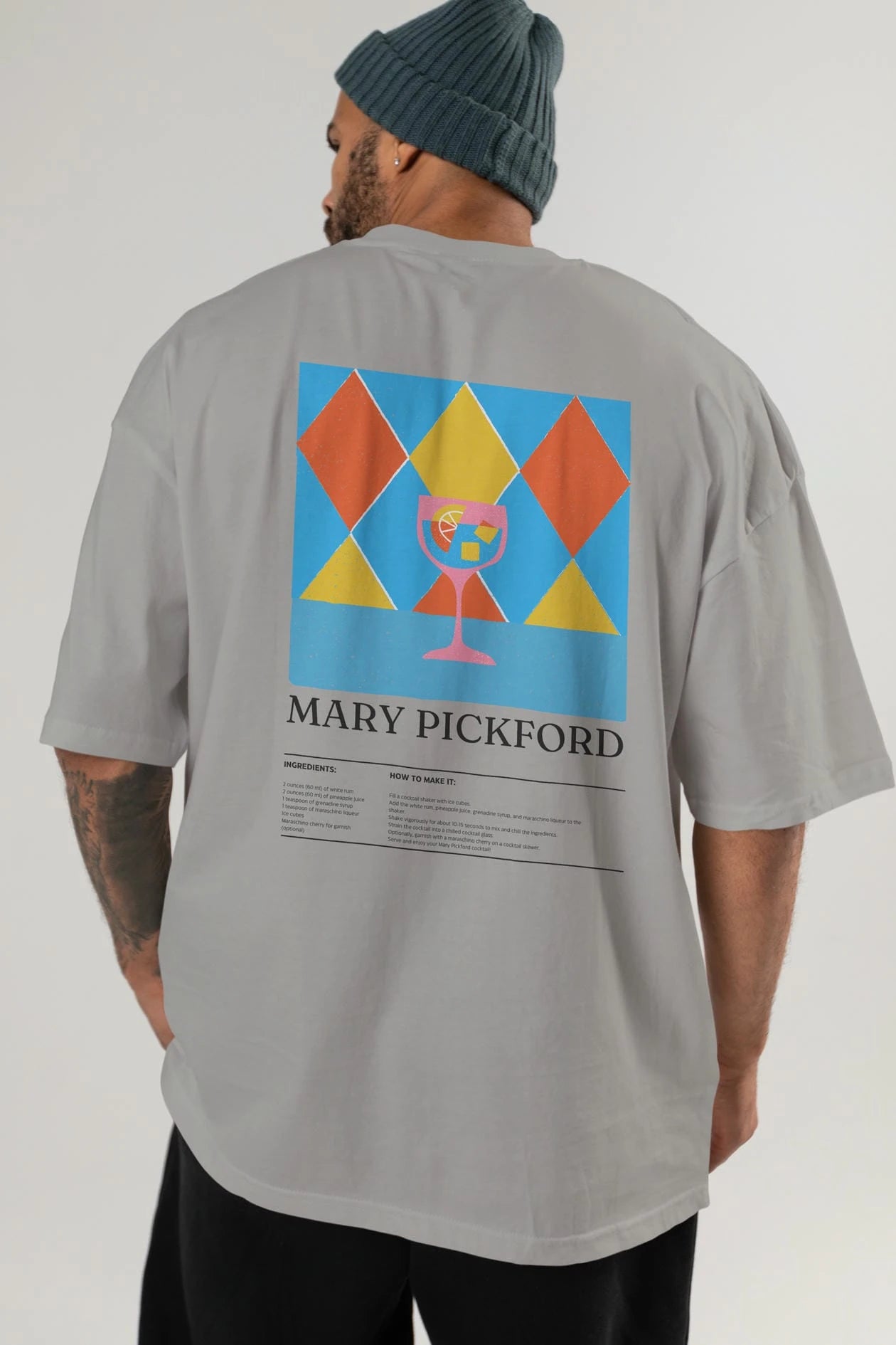 Mary Pickford Kokteyl Serisi Arka Baskılı Oversize t-shirt Erkek Kadın %100 Pamuk Bisiklet Yaka tişort