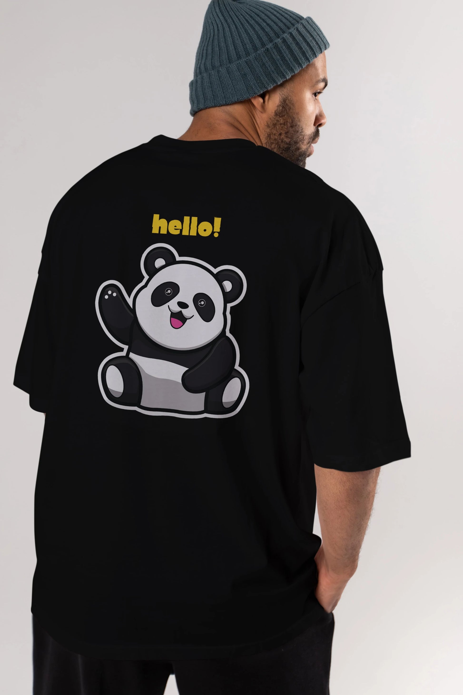 Hello Panda Arka Baskılı Oversize t-shirt Erkek Kadın Unisex