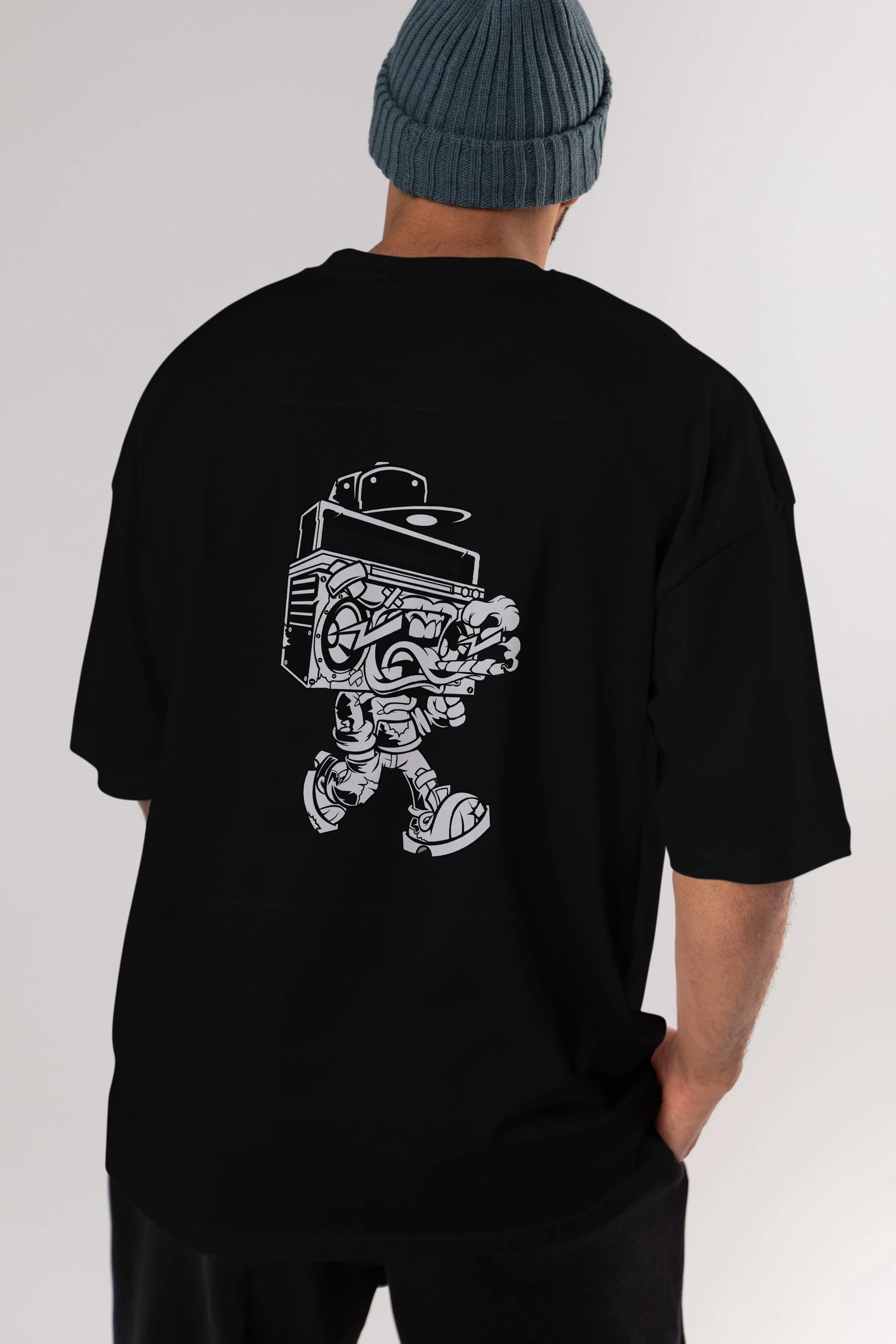Boombox Arka Baskılı Oversize t-shirt Erkek Kadın Unisex %100 Pamuk tişort