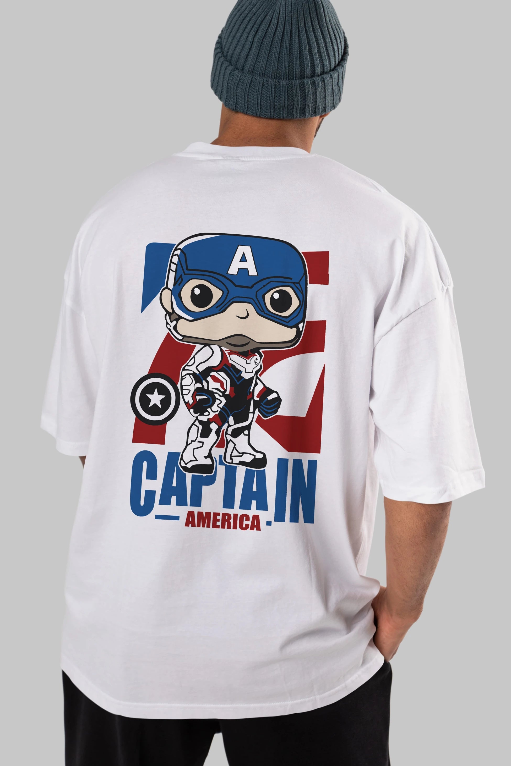 Captain America Arka Baskılı Oversize t-shirt Erkek Kadın Unisex %100 Pamuk Bisiklet Yaka tişort
