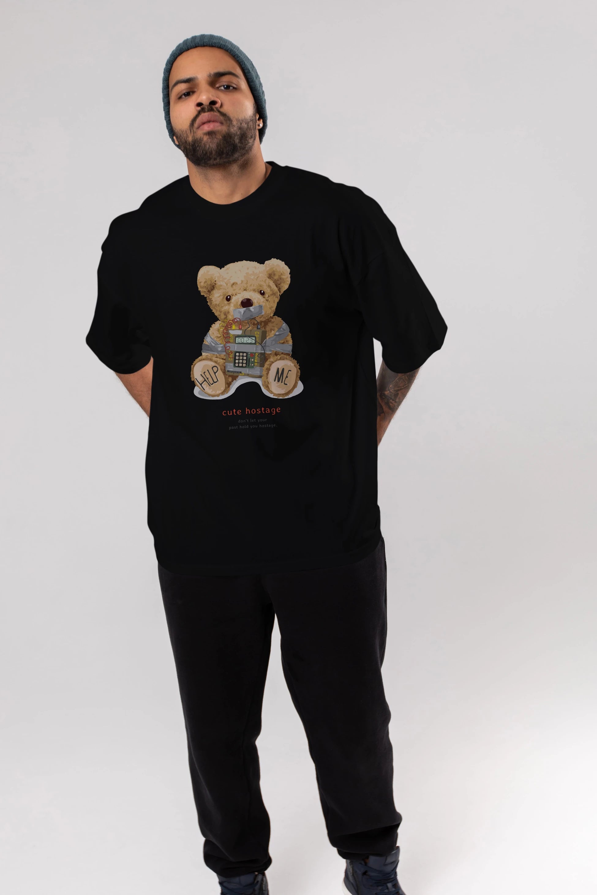 Teddy Bear Help Me Ön Baskılı Oversize t-shirt Erkek Kadın Unisex %100 Pamuk