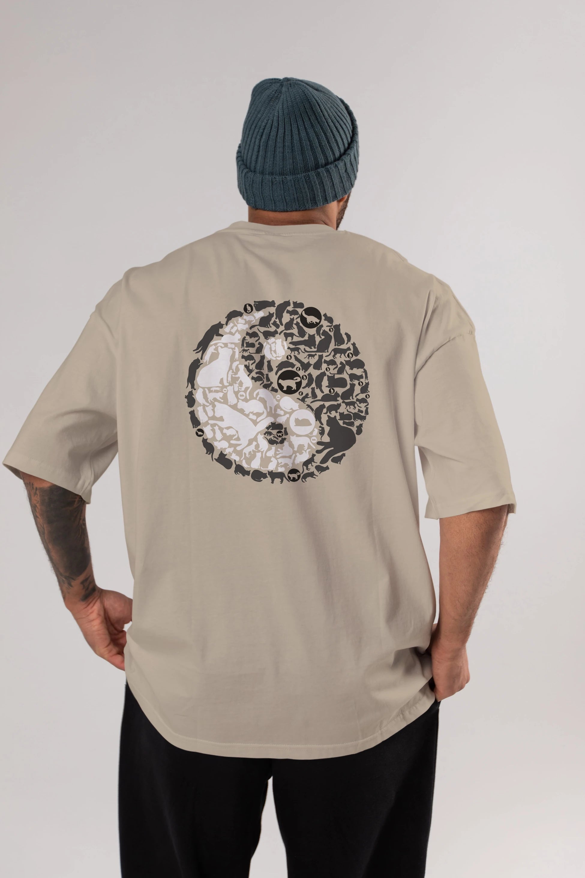 YinYang Cats Arka Baskılı Oversize t-shirt %100 pamuk Erkek Kadın Unisex