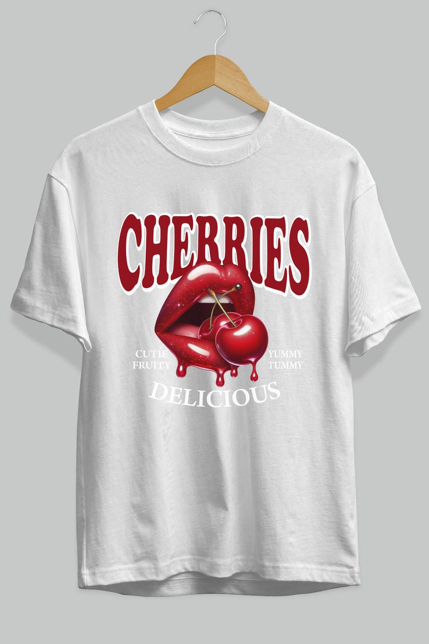 Cherry Cherries 2 Ön Baskılı Oversize t-shirt Erkek Kadın Pamuk Bisiklet Yaka tişort