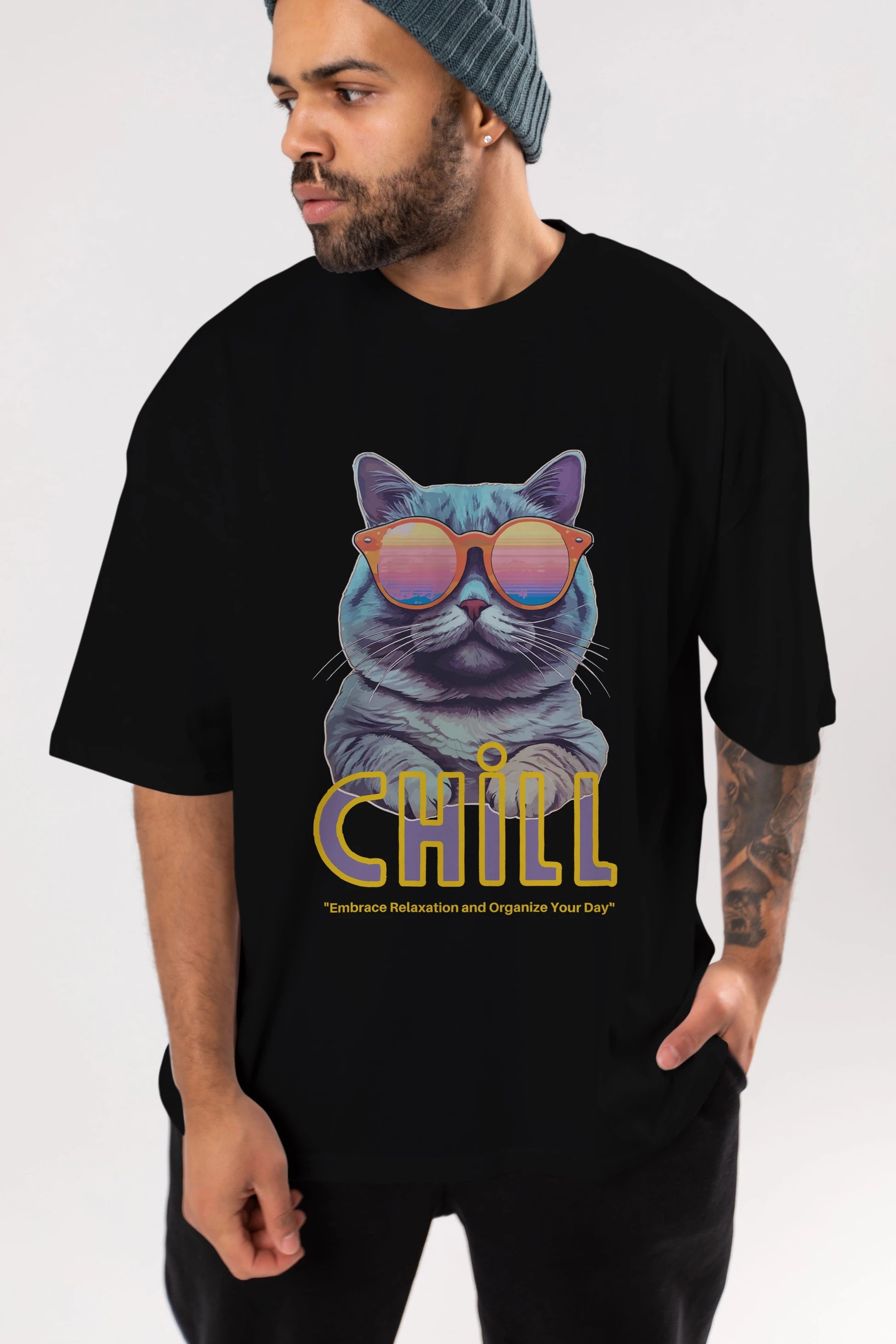Chill Cat Ön Baskılı Oversize t-shirt Erkek Kadın Unisex
