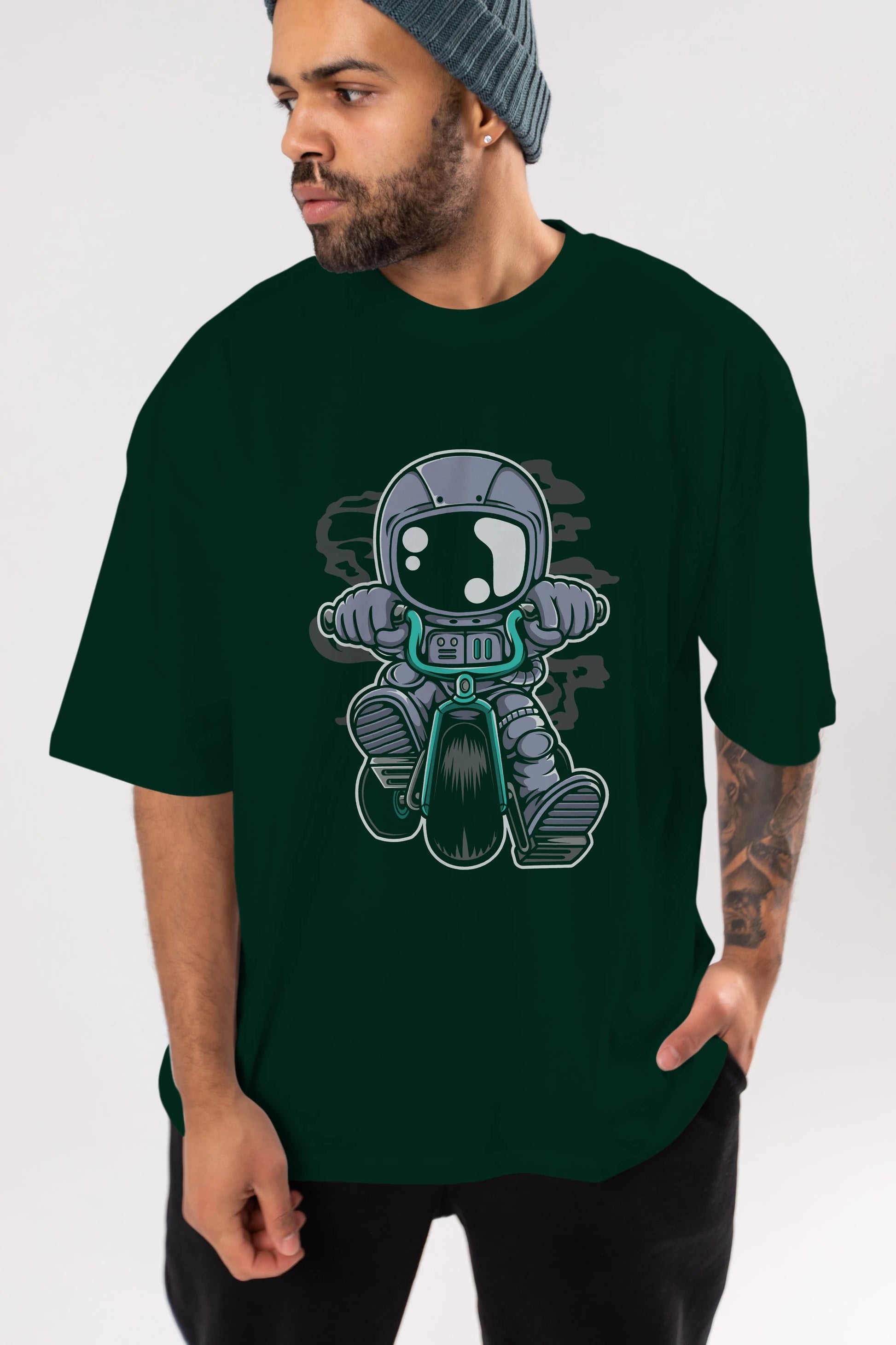 Astronaut Biker Ön Baskılı Oversize t-shirt Erkek Kadın Unisex