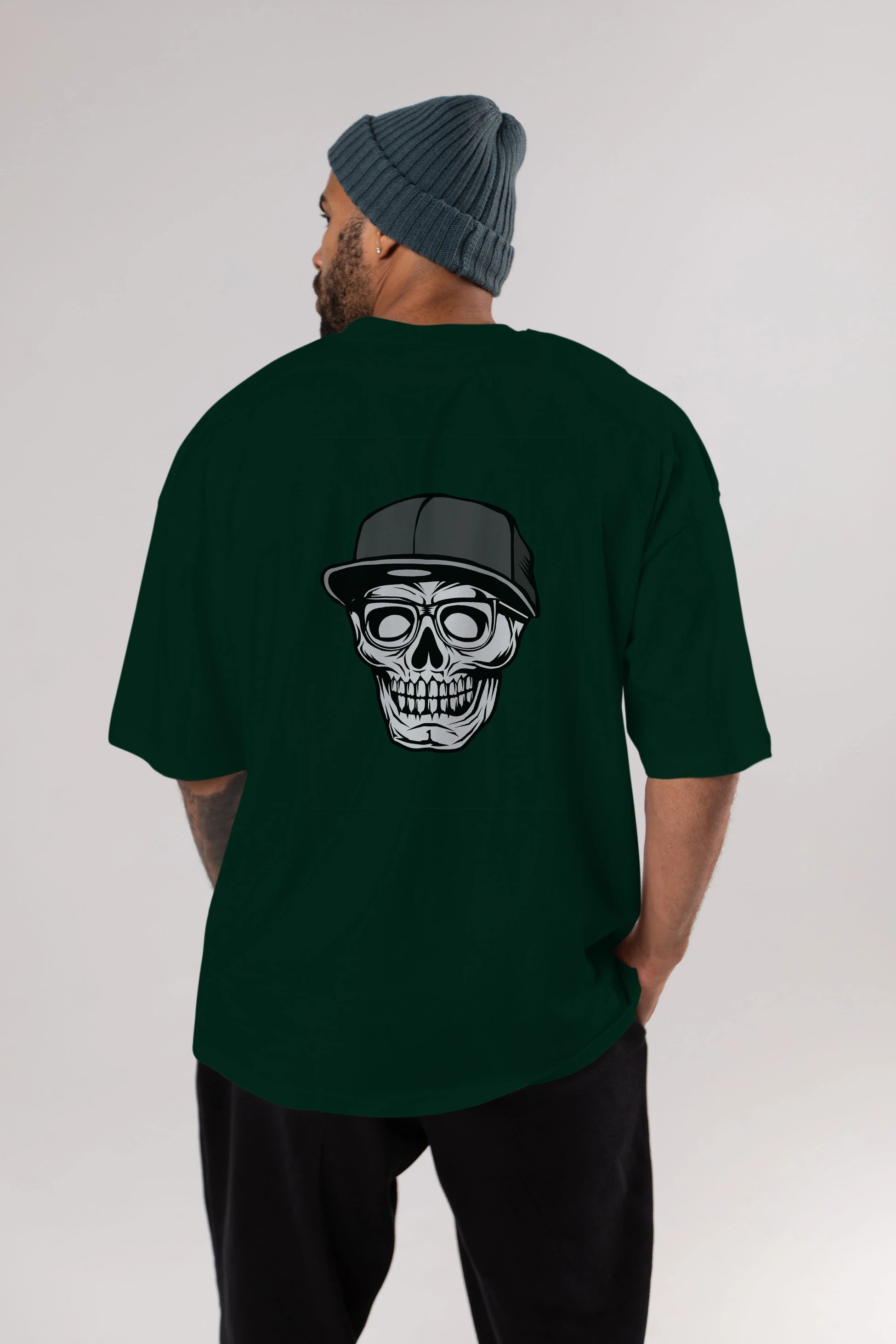 Skull With Hat Arka Baskılı Oversize t-shirt Erkek Kadın Unisex %100 Pamuk tişort