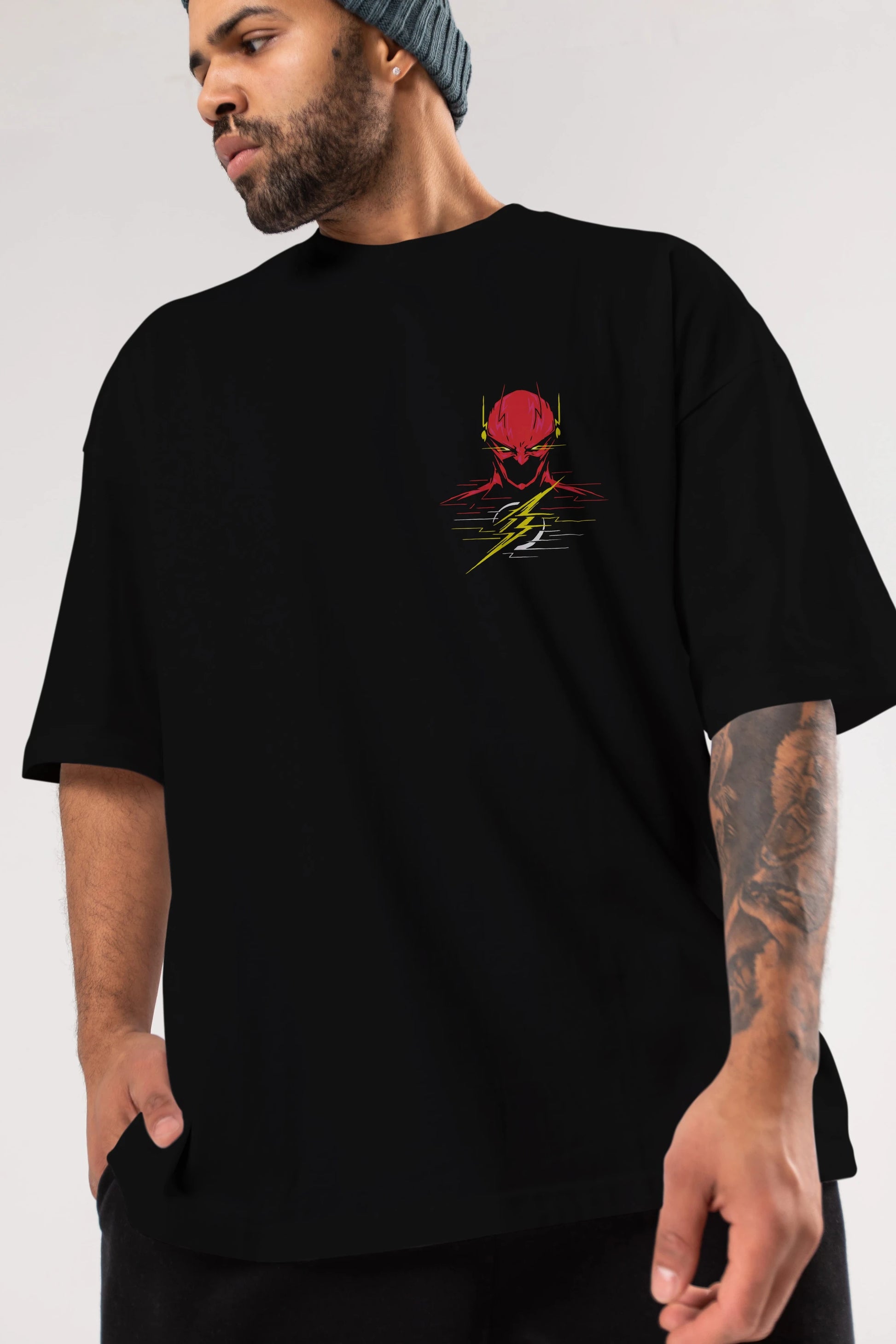 Flash Avengers (2) Ön Sol Baskılı Oversize t-shirt Erkek Kadın Unisex %100 Pamuk Bisiklet Yaka tişort