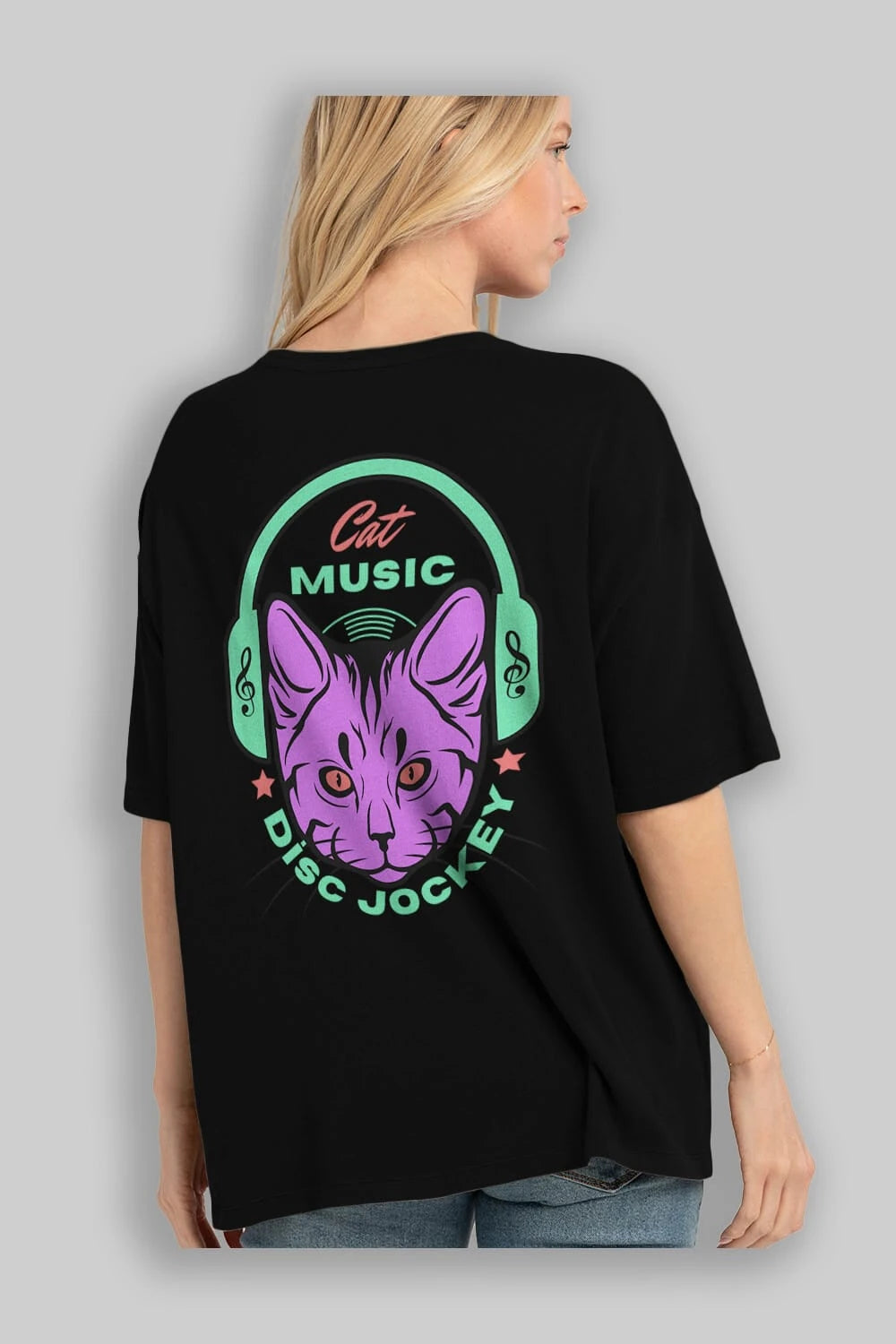 Cat Music Arka Baskılı Oversize t-shirt Erkek Kadın Unisex
