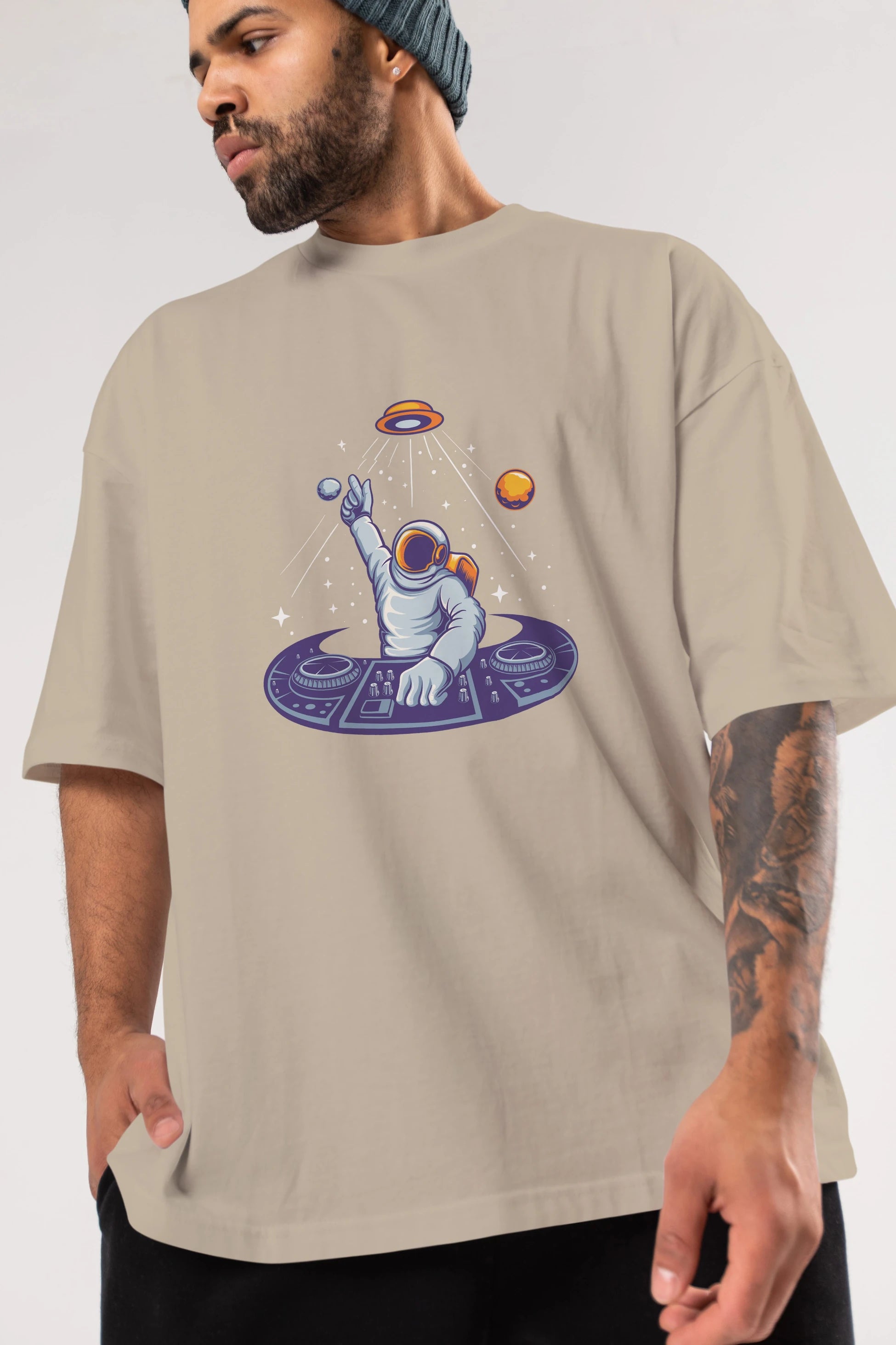 Astronaut Disk Jockey Party Ön Baskılı Oversize t-shirt Erkek Kadın Unisex