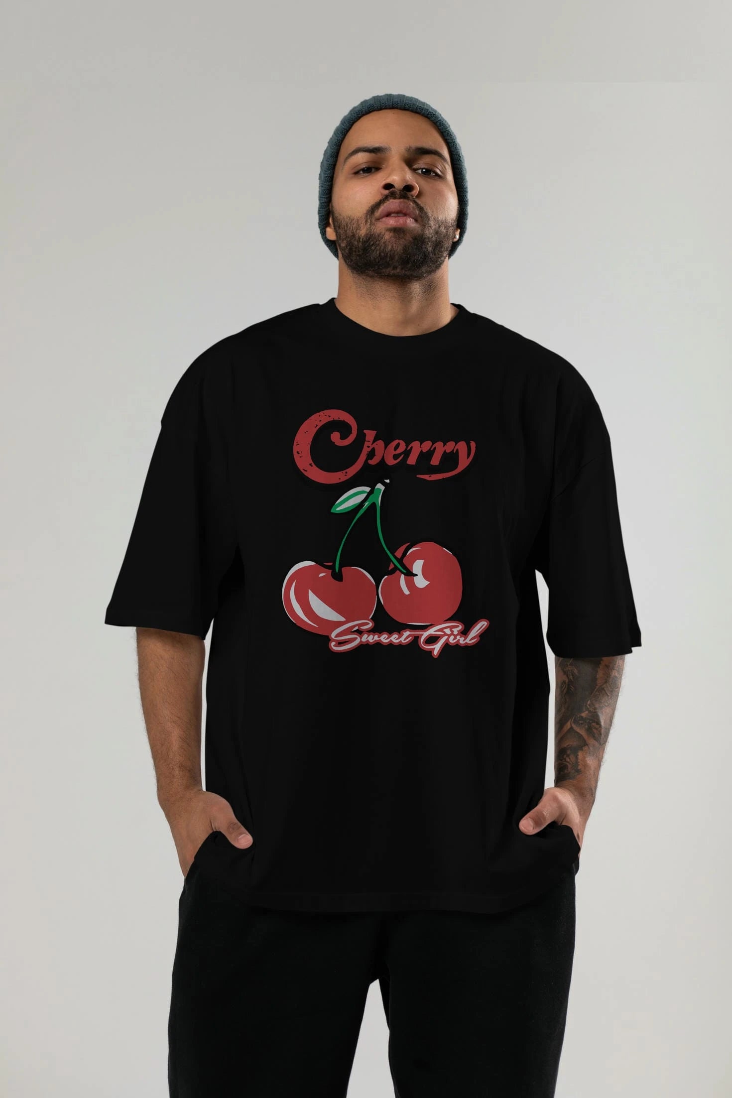 Cherry Cherries 8 Ön Baskılı Oversize t-shirt Erkek Kadın Pamuk Bisiklet Yaka tişort