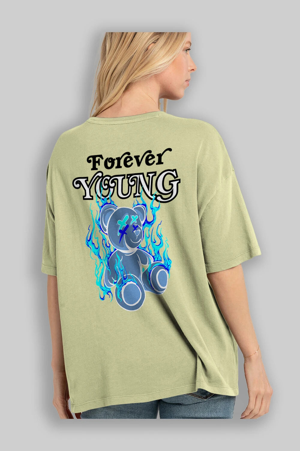 Forever Young Bear Arka Baskılı Oversize t-shirt Erkek Kadın Unisex