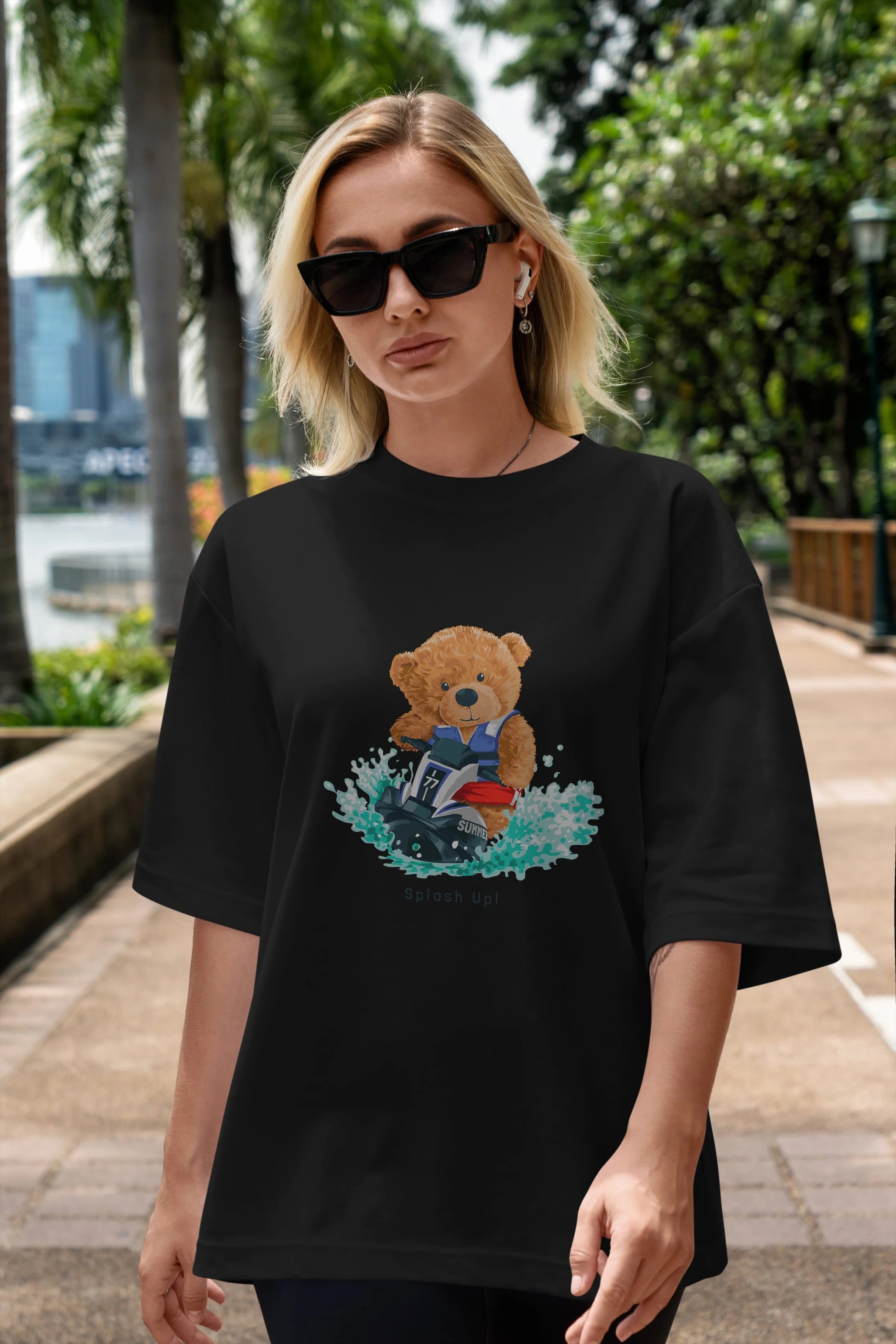 Teddy Bear Splash Up Ön Baskılı Oversize t-shirt Erkek Kadın Unisex %100 Pamuk