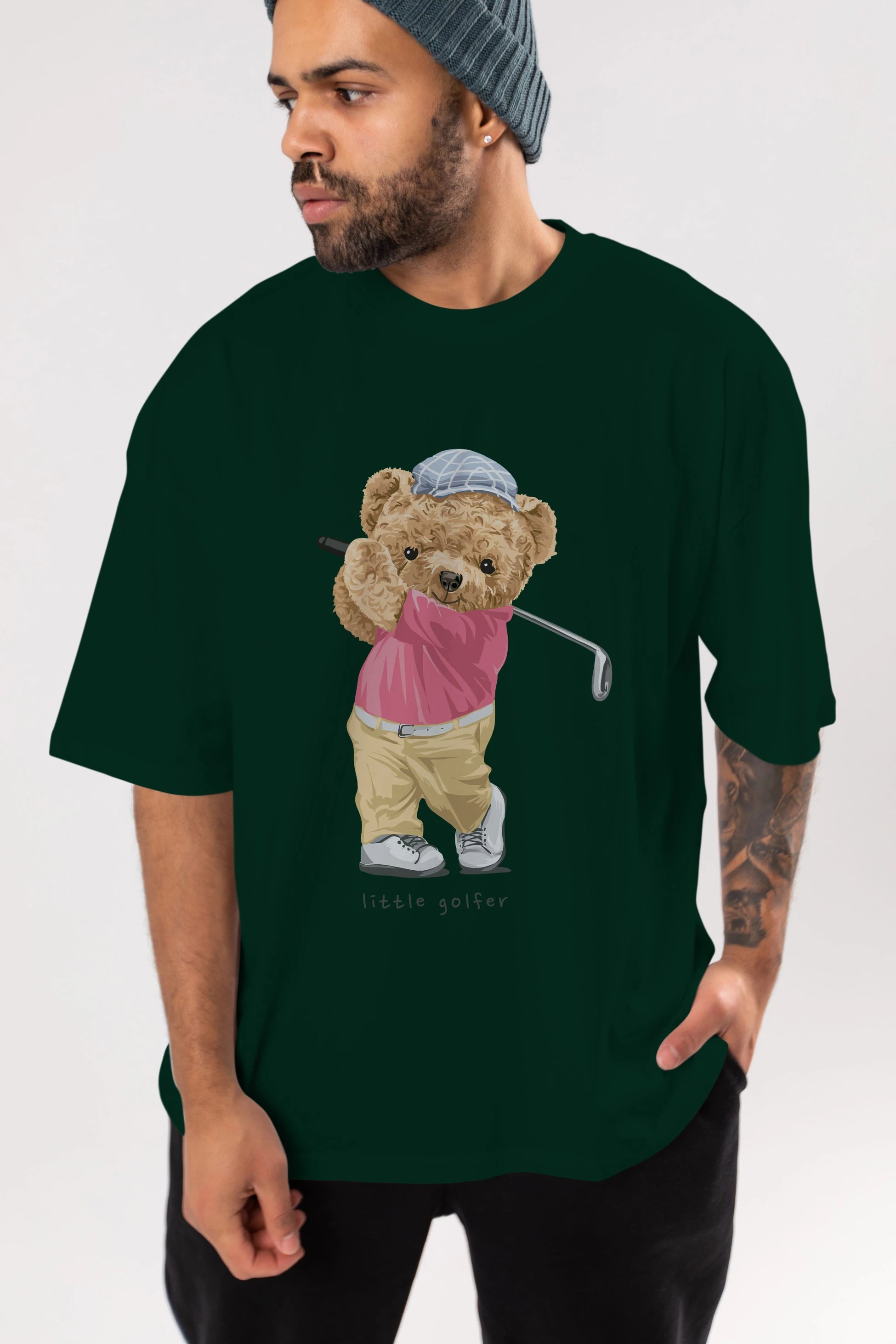 Teddy Bear Little Golfer Ön Baskılı Oversize t-shirt Erkek Kadın Unisex %100 Pamuk