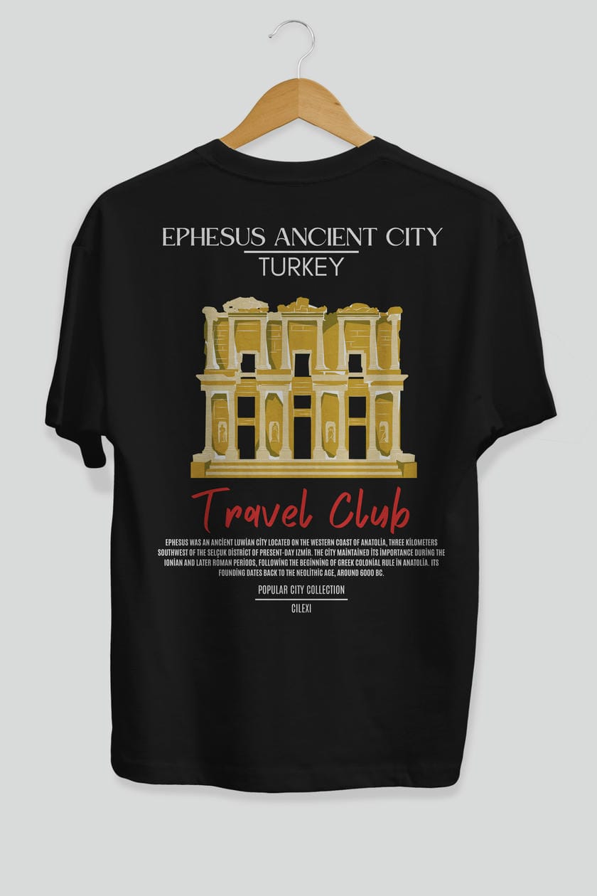 Ephesus Ancient City Turkey Arka Baskılı Oversize t-shirt Erkek Kadın Pamuk Bisiklet Yaka tişort