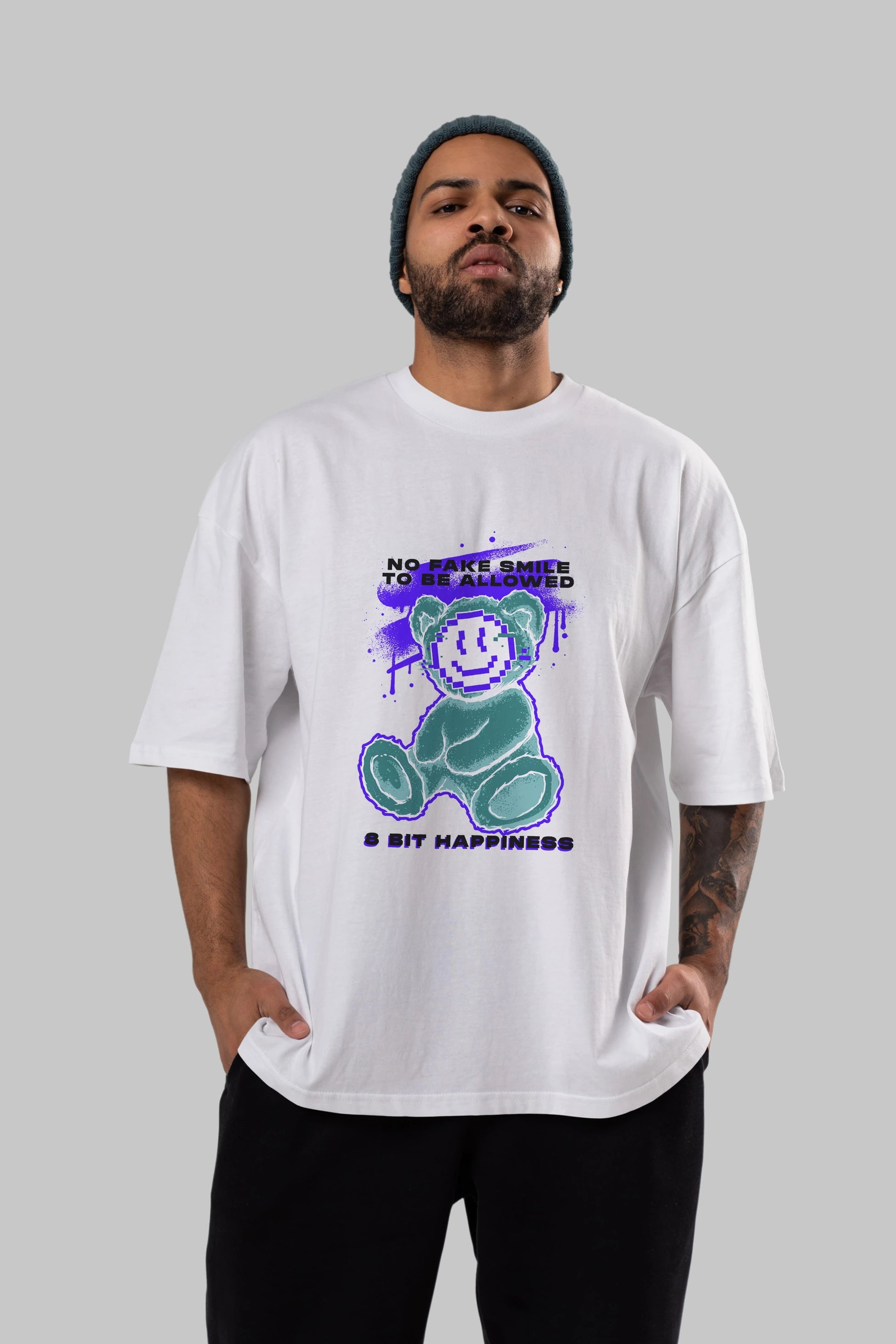 No Fake Smile Bear Ön Baskılı Oversize t-shirt Erkek Kadın Unisex