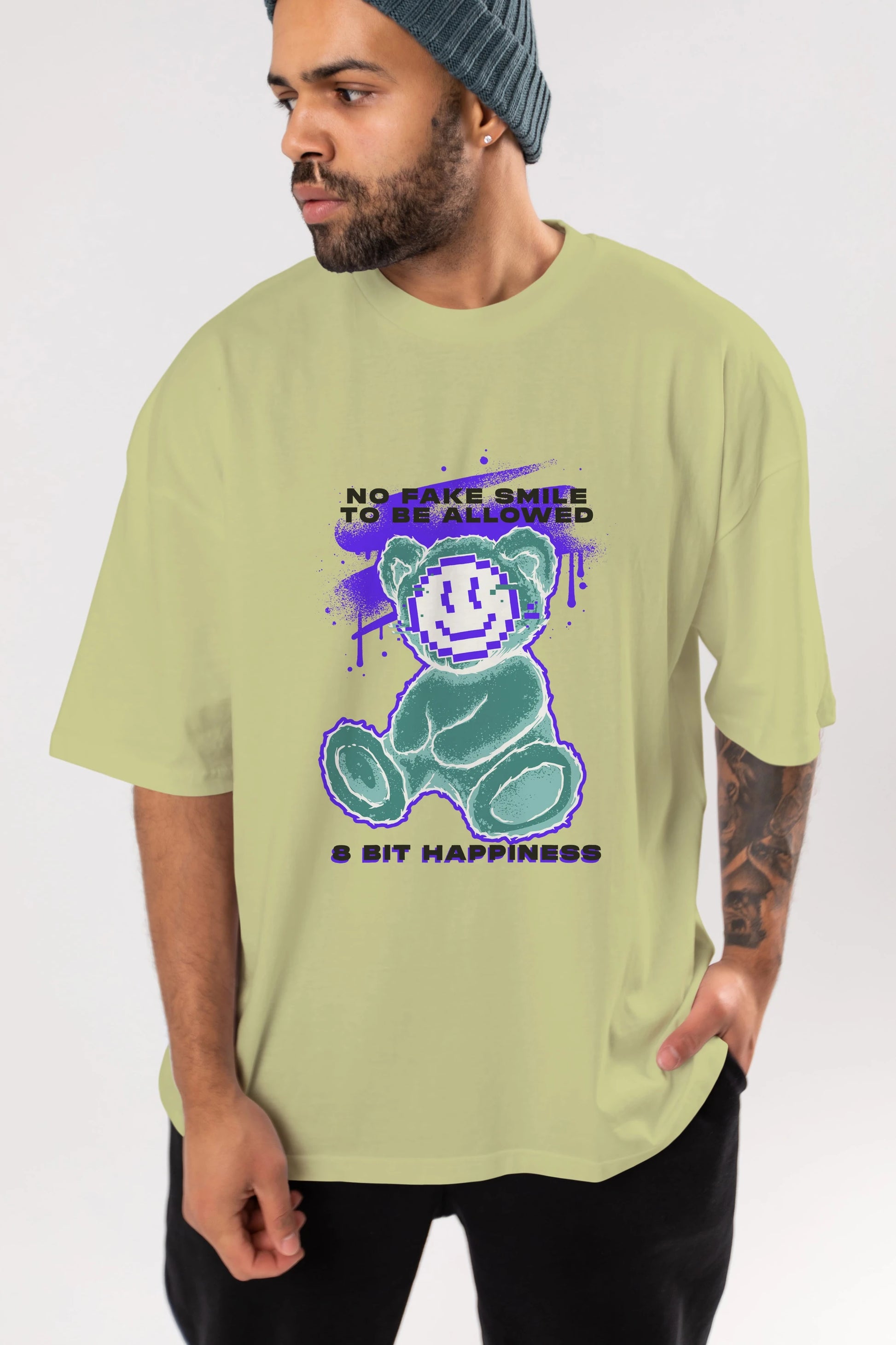 No Fake Smile Bear Ön Baskılı Oversize t-shirt Erkek Kadın Unisex