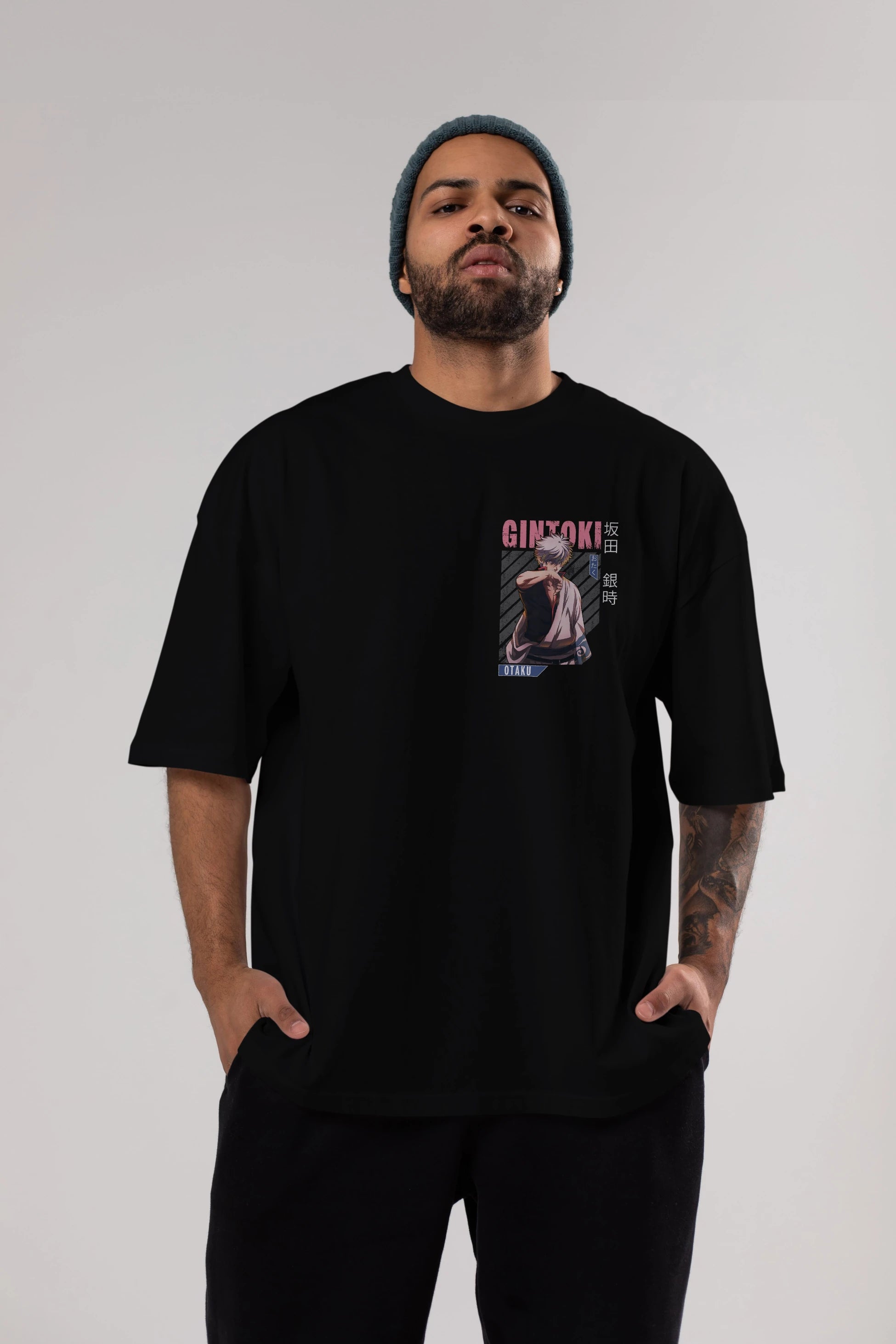 Gintoki Sakata Ön Sol Baskılı Oversize t-shirt Erkek Kadın Unisex %100 Pamuk Bisiklet Yaka tişort