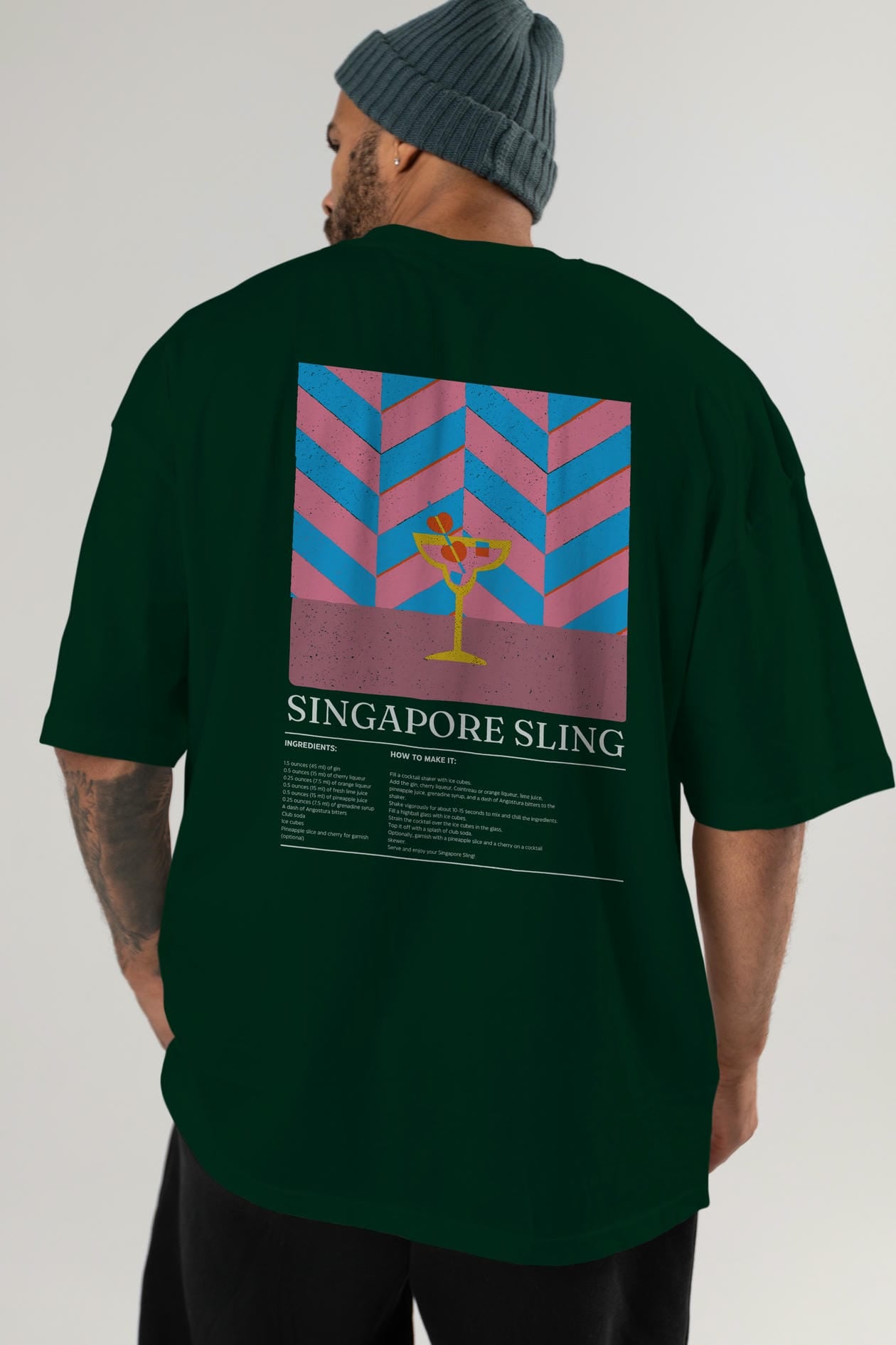 Singapore Sling Kokteyl Serisi Arka Baskılı Oversize t-shirt Erkek Kadın %100 Pamuk Bisiklet Yaka tişort