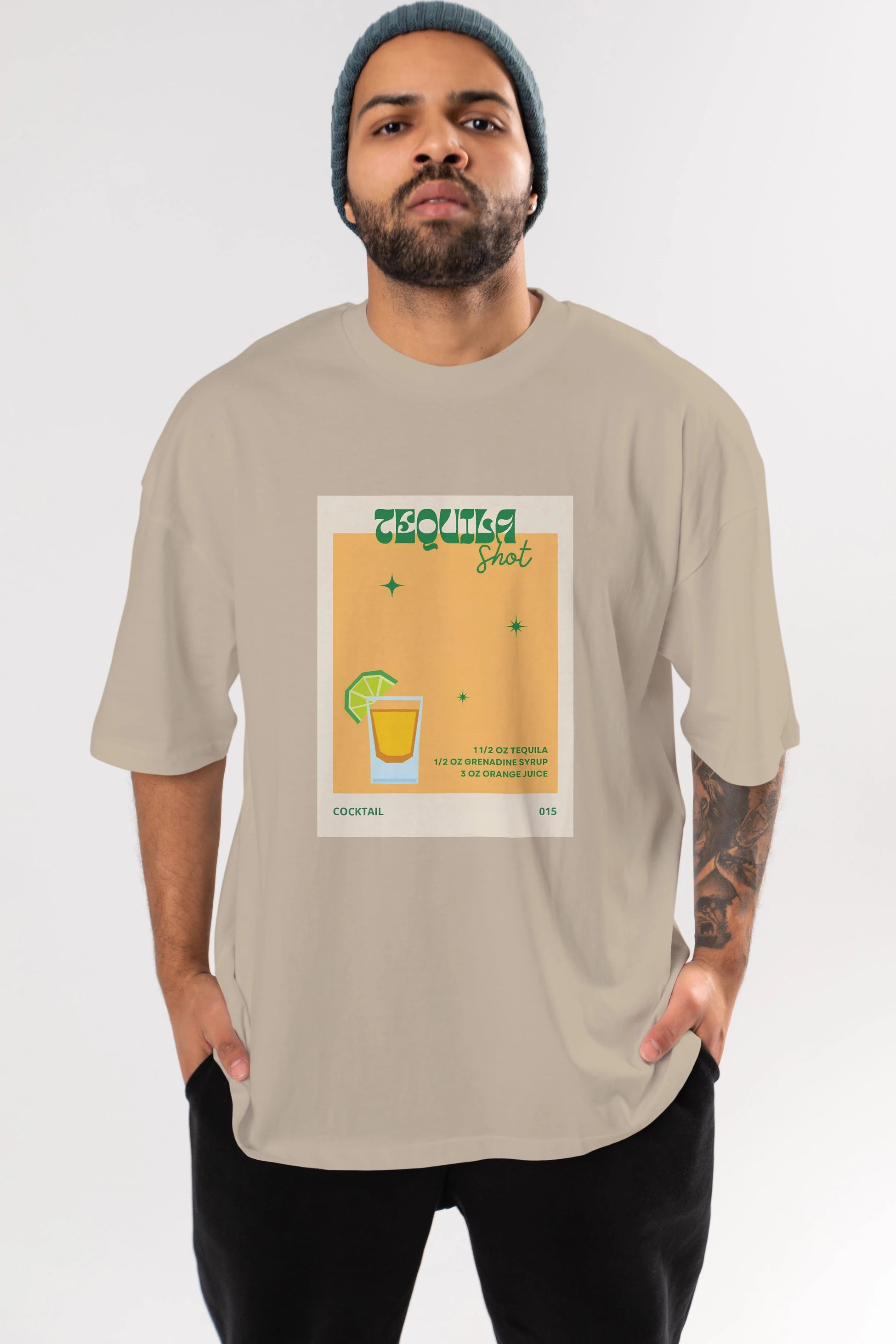 Tequila Shot 2 Ön Baskılı Oversize t-shirt Erkek Kadın Unisex %100 Pamuk Bisiklet Yaka tişort