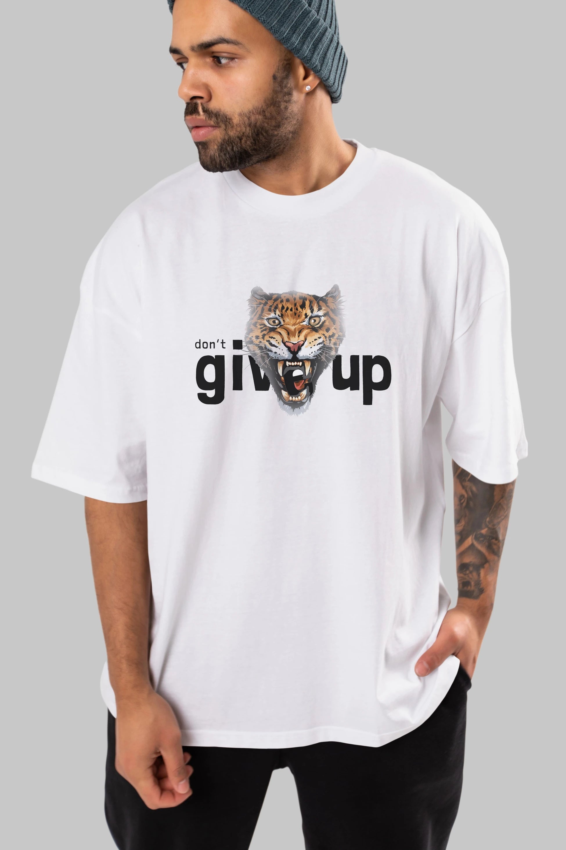 Teddy Bear Dont Give Up Ön Baskılı Oversize t-shirt Erkek Kadın Unisex %100 Pamuk