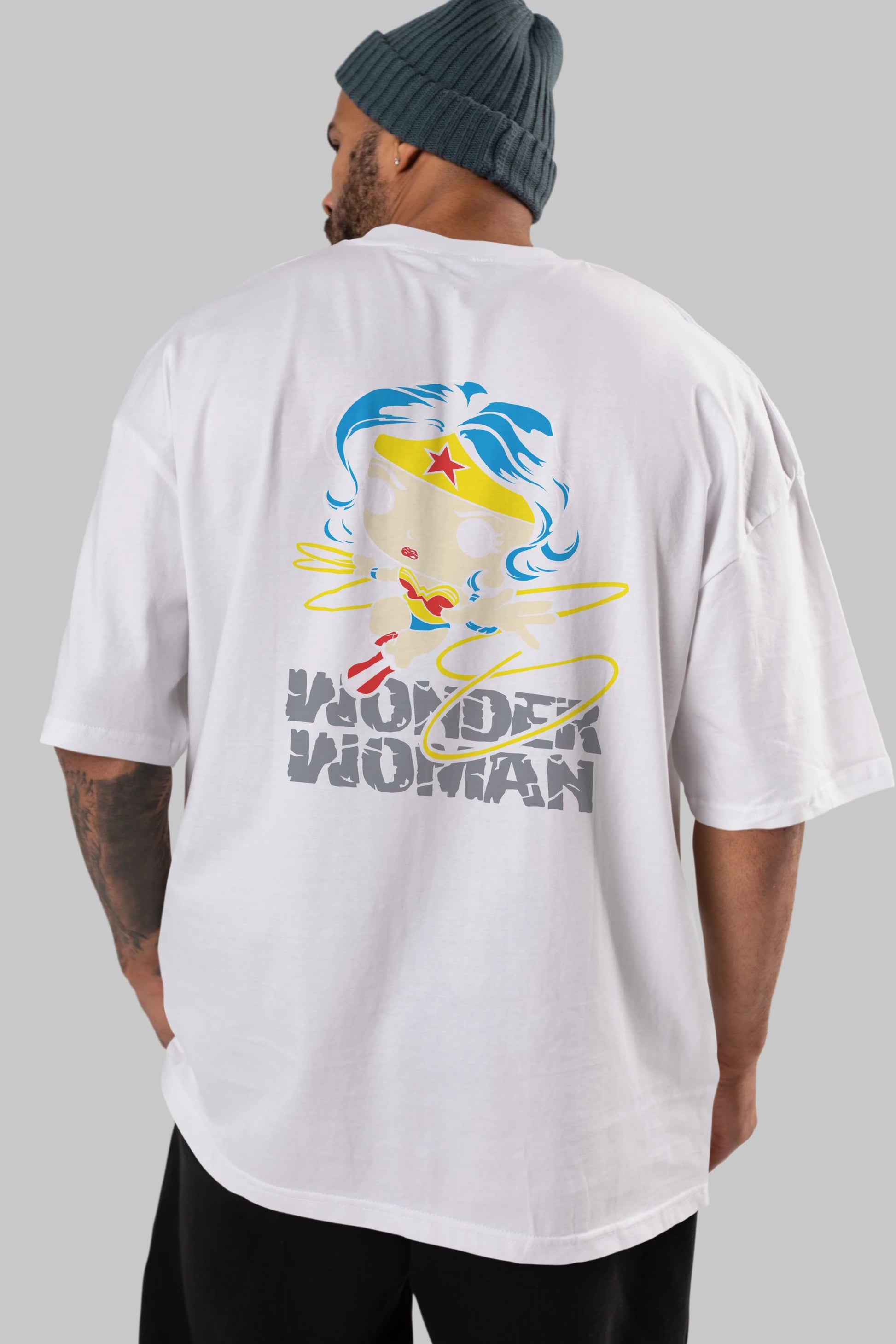 Wonder Woman Arka Baskılı Oversize t-shirt Erkek Kadın Unisex %100 Pamuk Bisiklet Yaka tişort