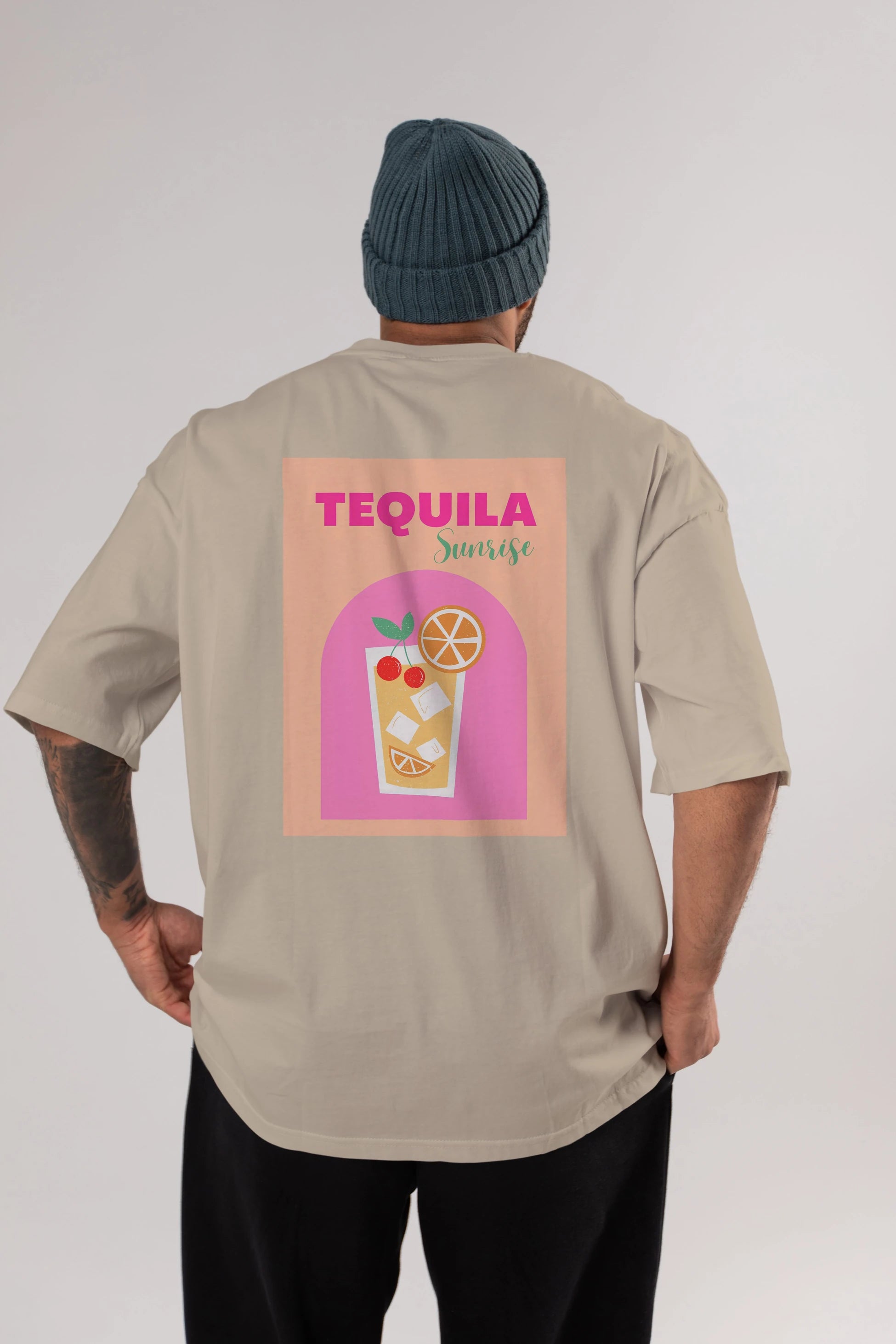 Tequila Sunrise 2 Arka Baskılı Oversize t-shirt Erkek Kadın Unisex %100 Pamuk Bisiklet Yaka tişort