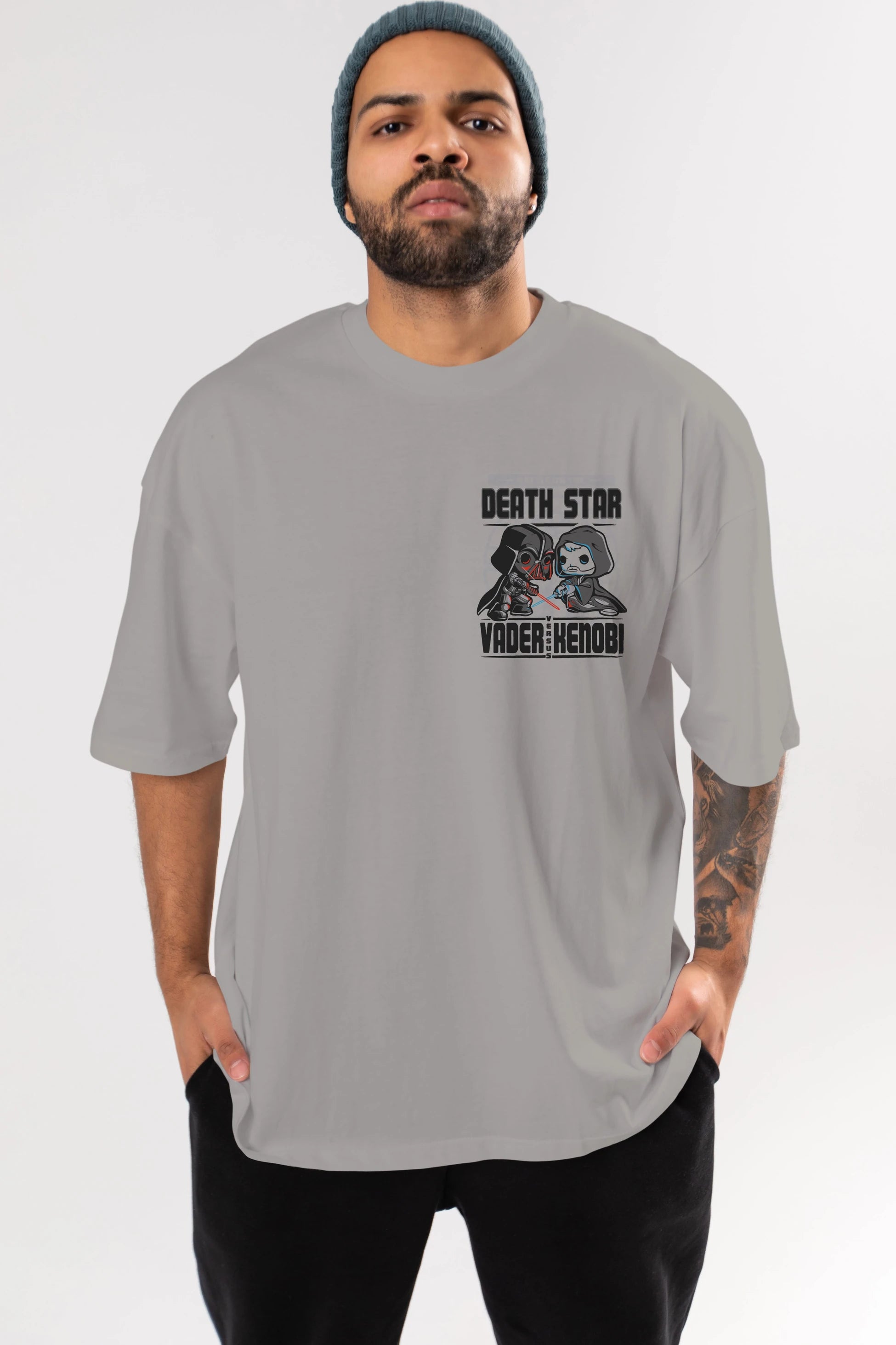 Vader Kenobi Ön Sol Baskılı Oversize t-shirt Erkek Kadın Unisex %100 Pamuk Bisiklet Yaka tişort