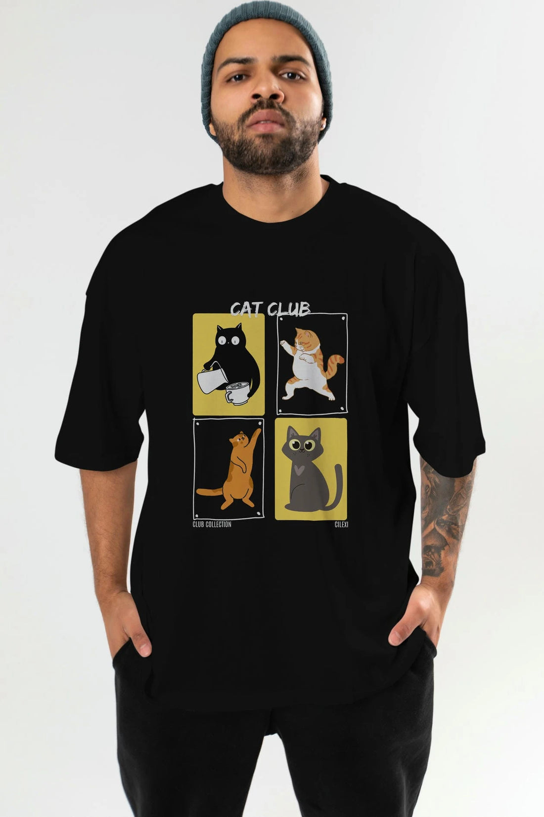Cat Club ön Baskılı Oversize t-shirt Erkek Kadın %100 Pamuk Bisiklet Yaka tişort
