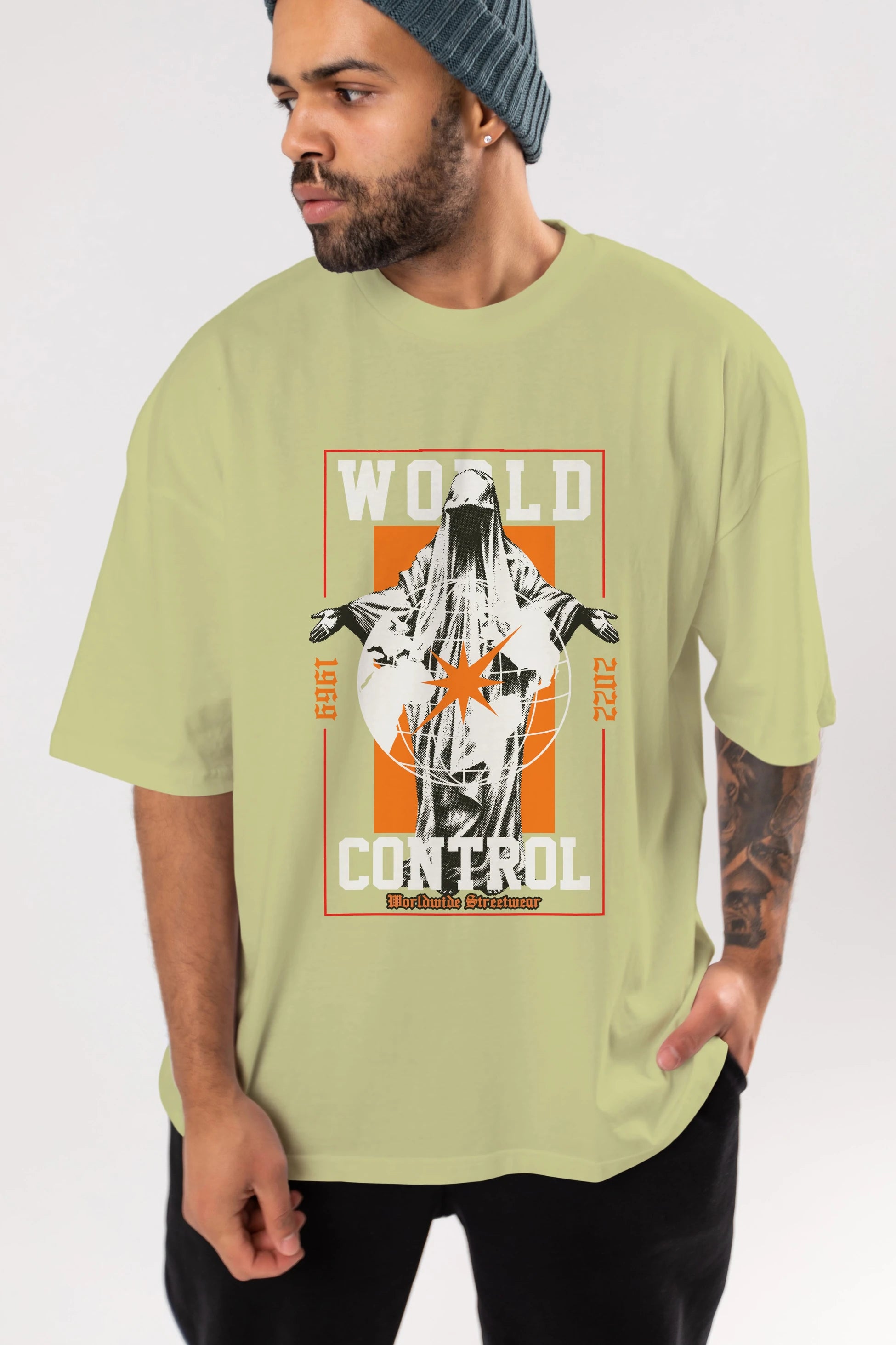 World Control Ön Baskılı Oversize t-shirt Erkek Kadın Unisex
