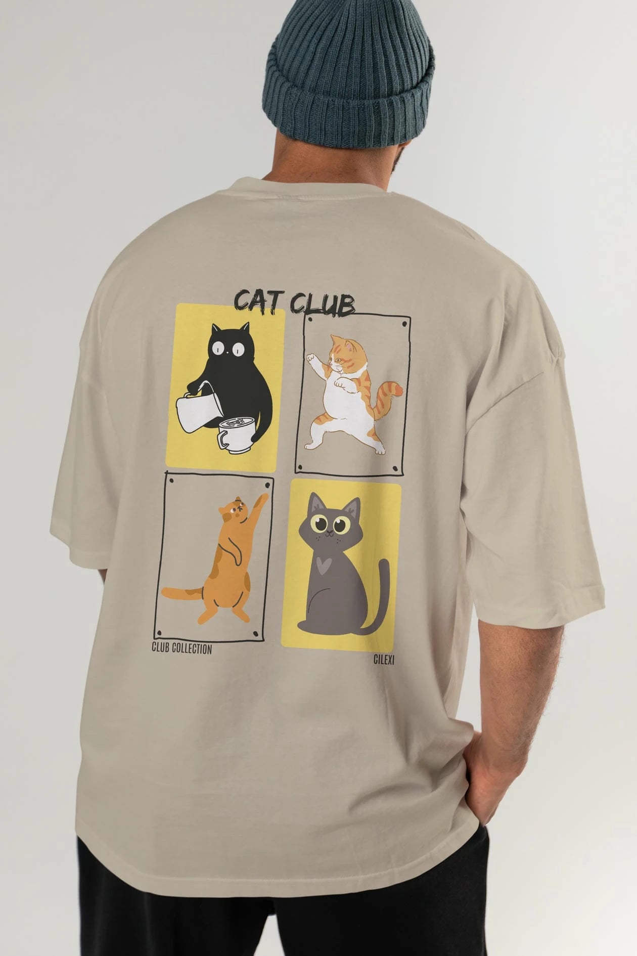 Cat Club Arka Baskılı Oversize t-shirt Erkek Kadın %100 Pamuk Bisiklet Yaka tişort