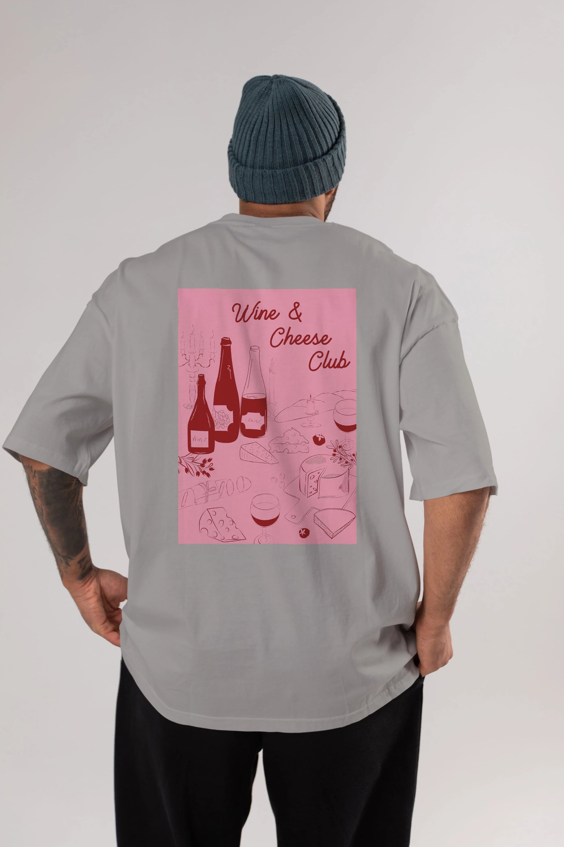 Wine Cheese Club Arka Baskılı Oversize t-shirt Erkek Kadın Unisex %100 Pamuk Bisiklet Yaka tişort
