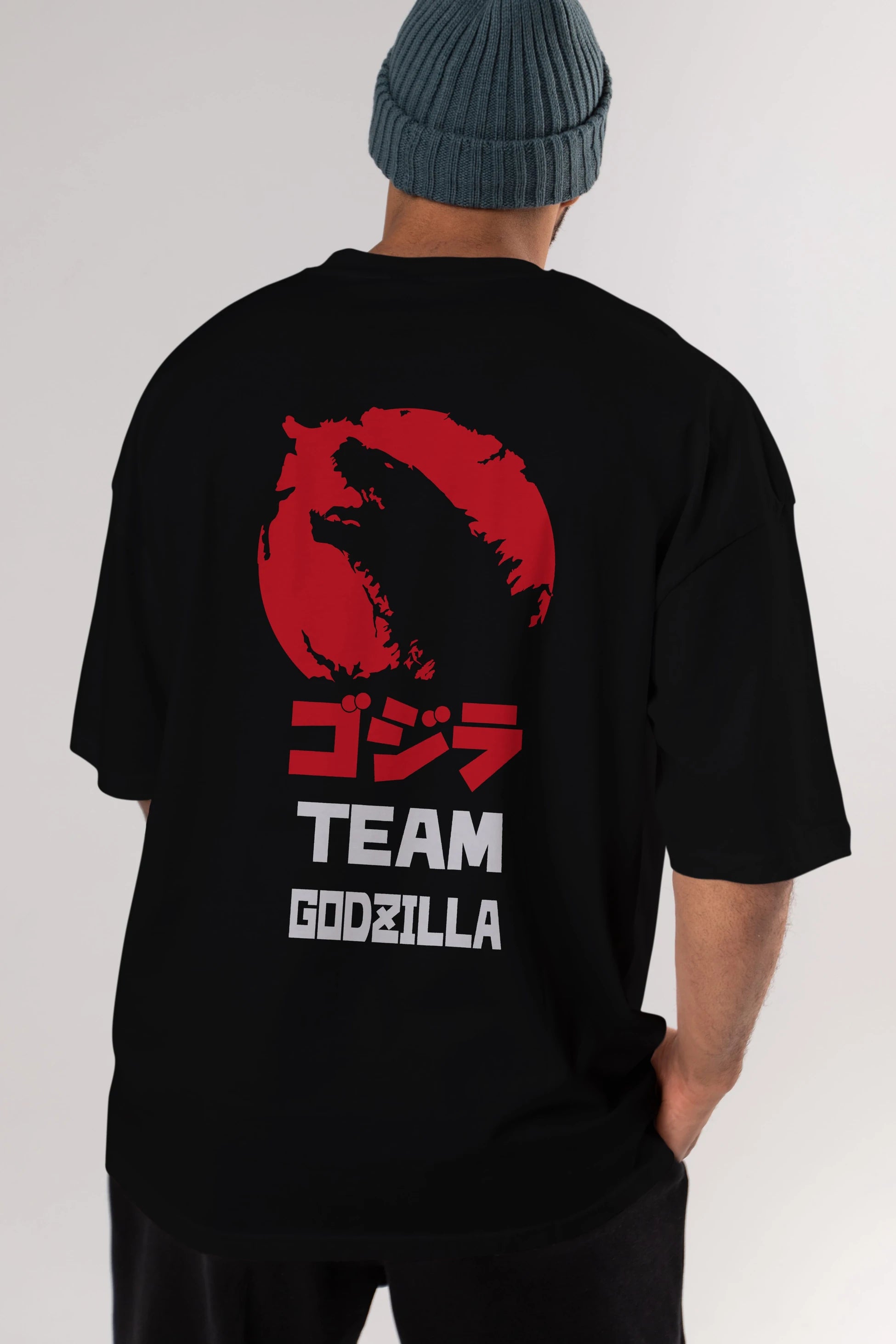 Team Godzilla Arka Baskılı Oversize t-shirt Erkek Kadın Unisex %100 Pamuk Bisiklet Yaka tişort