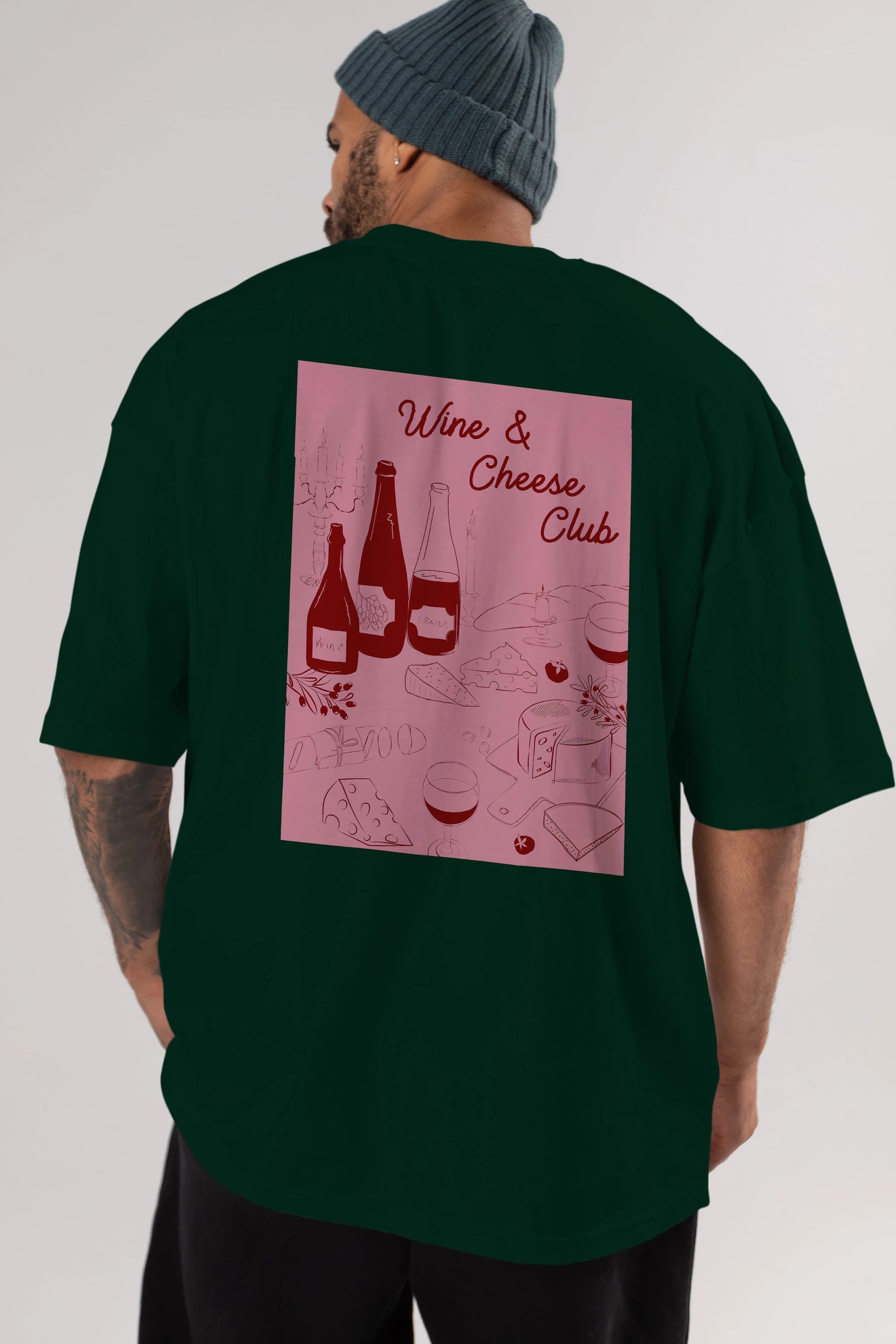 Wine Cheese Club Arka Baskılı Oversize t-shirt Erkek Kadın Unisex %100 Pamuk Bisiklet Yaka tişort