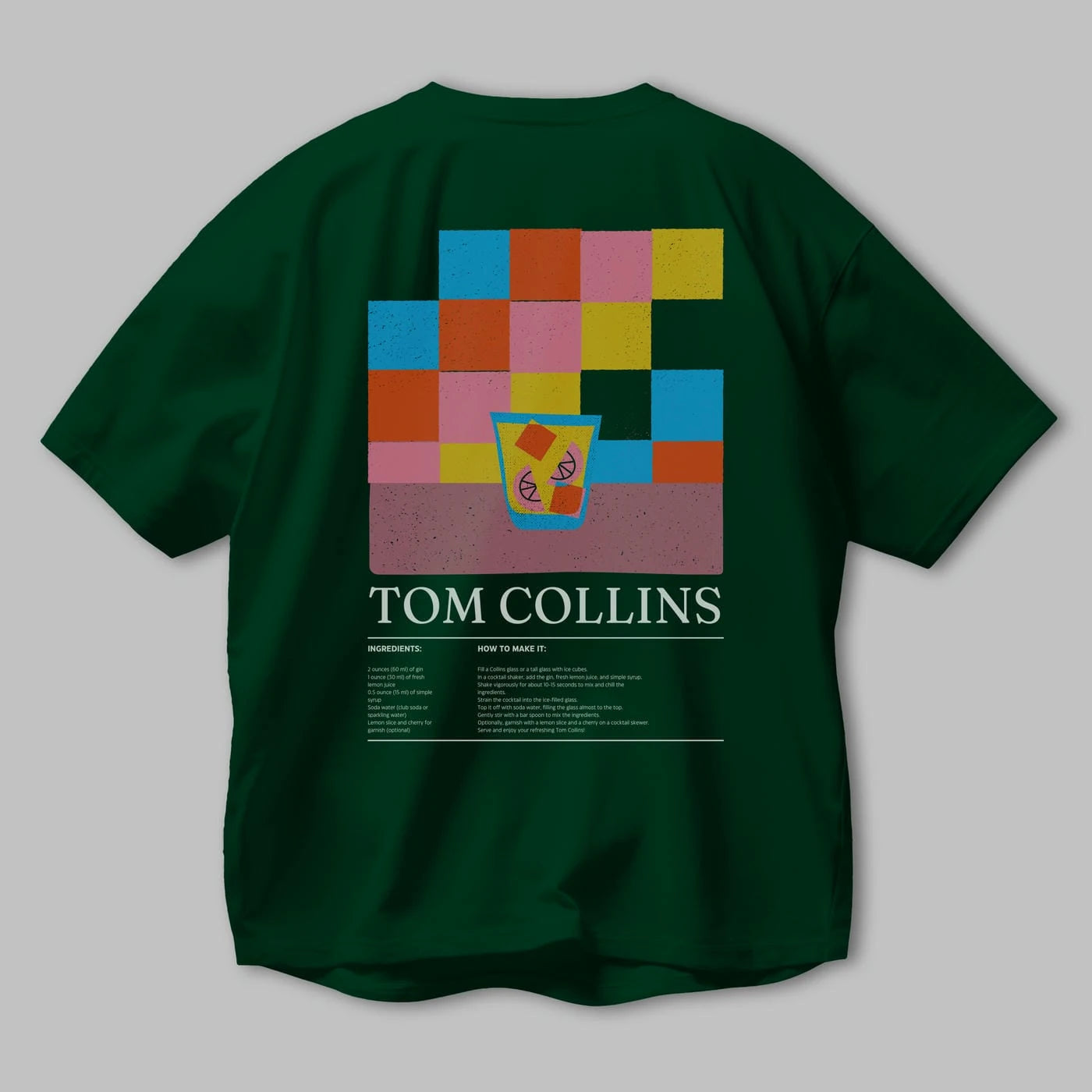 Tom Collins Kokteyl Serisi Arka Baskılı Oversize t-shirt Erkek Kadın %100 Pamuk Bisiklet Yaka tişort