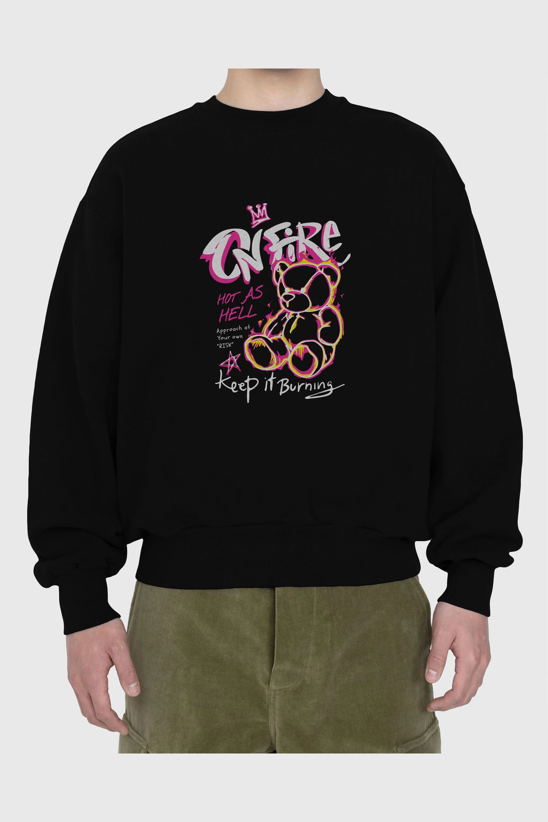 On Fire Bear Ön Baskılı Oversize Sweatshirt Erkek Kadın Unisex