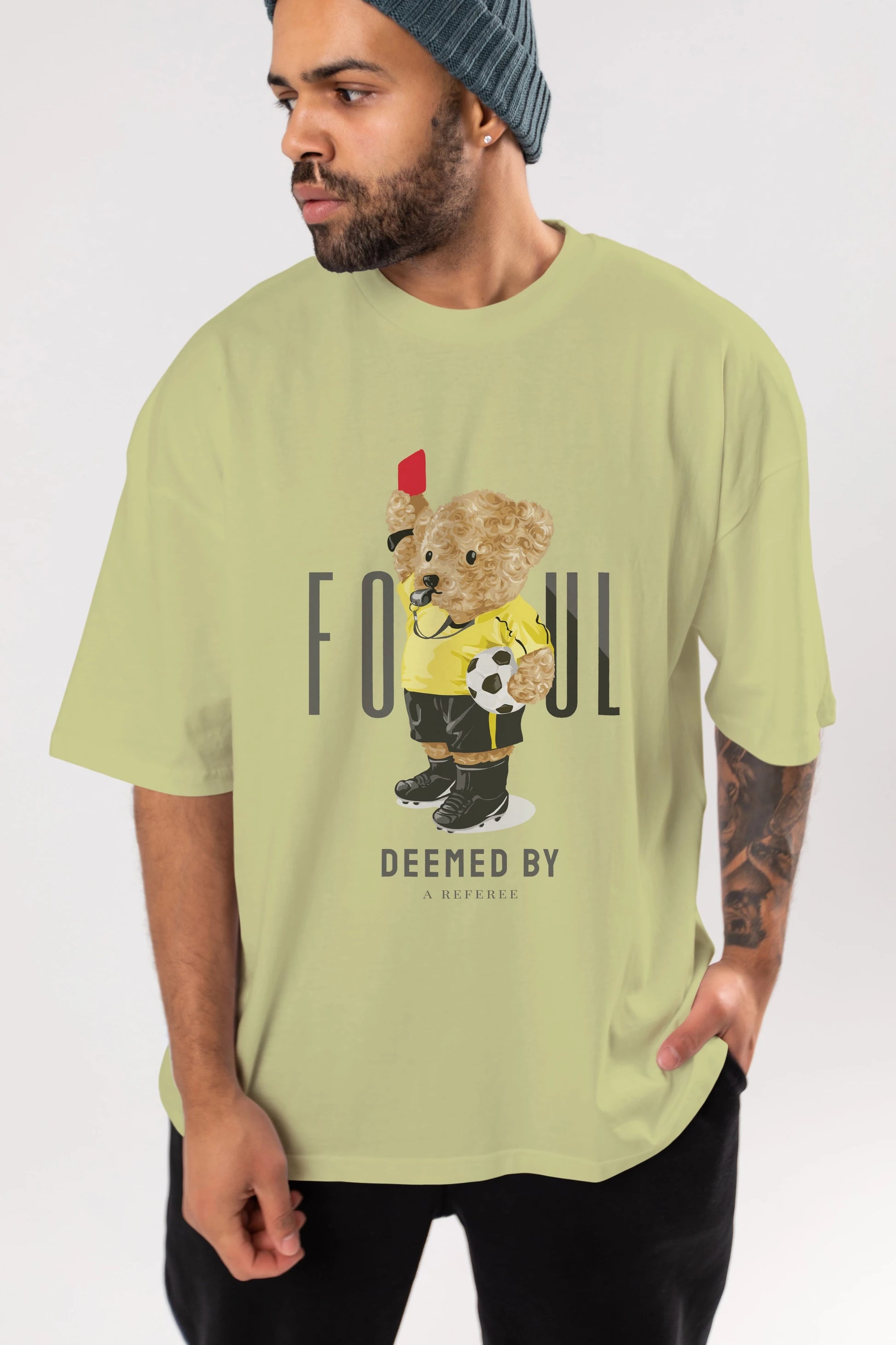 Teddy Bear Kırmızı Kart Ön Baskılı Oversize t-shirt Erkek Kadın Unisex %100 Pamuk
