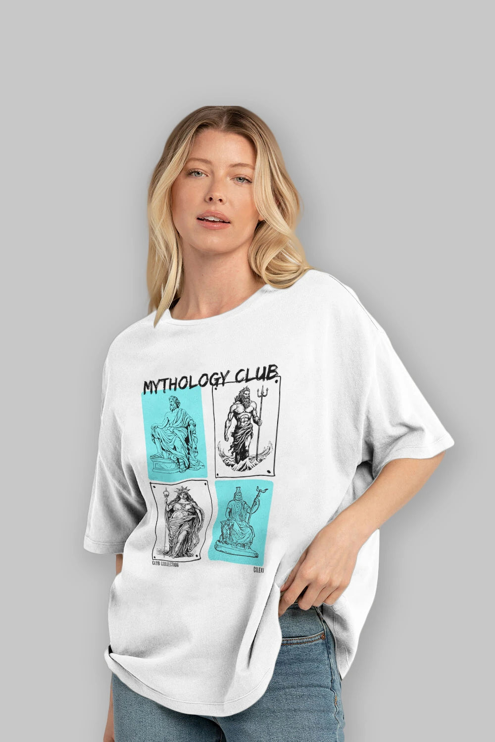 Mythology Club ön Baskılı Oversize t-shirt Erkek Kadın %100 Pamuk Bisiklet Yaka tişort